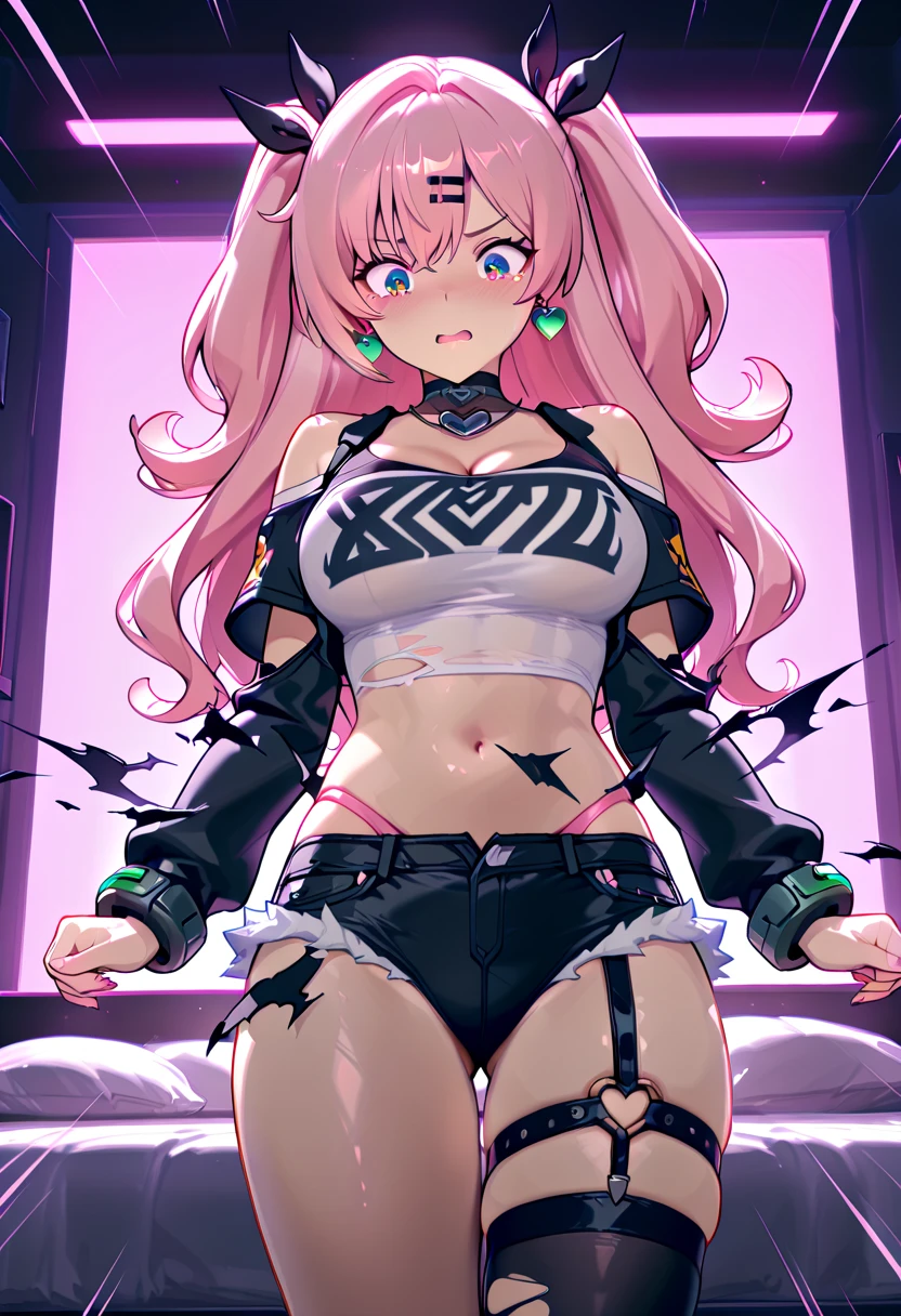 (Highest quality:1.24, Very detailed, Delicate and beautiful CG art, Detailed illustrations, High Contrast, masterpiece:1.2, Highest quality, Best aesthetics), woman, Pink long hair, Twin tails, Beautiful breasts, dancer, (Pink fine eyes, Beautiful Eyes), smile, Light background , Heart-shaped choker, (Pop Art), colorful, Shining Eyes, Hip Hop Costumes, Cropped tops, mini skirt, Headphones, look up, Hip Hop Style, Dance Floor.