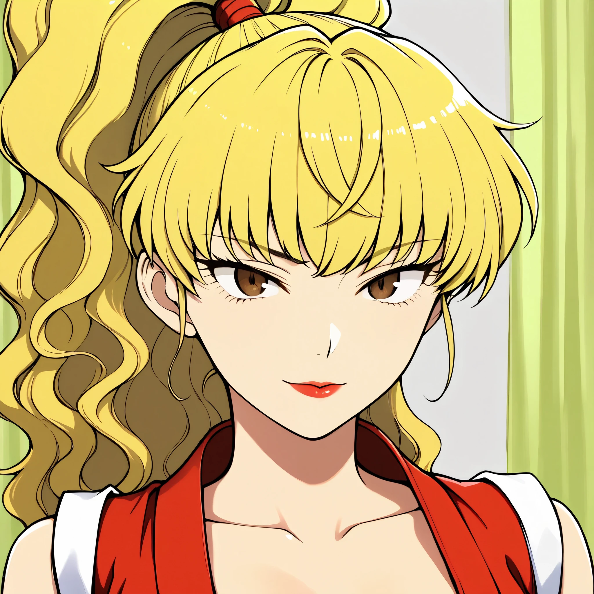 portrait,((middle part with curtain bangs)),wavy hair　.parted curtain bangs.　tsurime,　maki genryusai.　facing viewer　、feathered light bangs、　　1girl, genryuusai maki, high ponytail, blonde hair, brown eyes, red scrunchies 	,Long hair ,center-flap bangs、parted curtain bangs、
、sharp eyes,Heroine,lipgloss,,.Red Shinobi Outfit,female ninja、eyelashes . Bare shoulders.Bare neck.