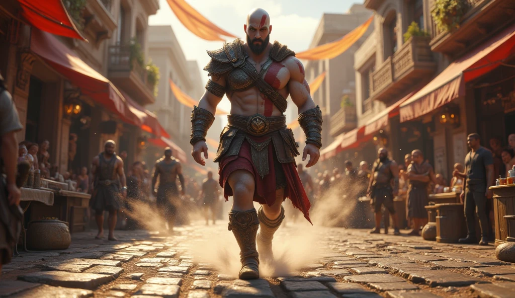 play Kratos from the video game god of war, riding on his pegasus while flying over the city of sparta which is being attacked by the titans, show in detail the skies that are filled with ash from the city