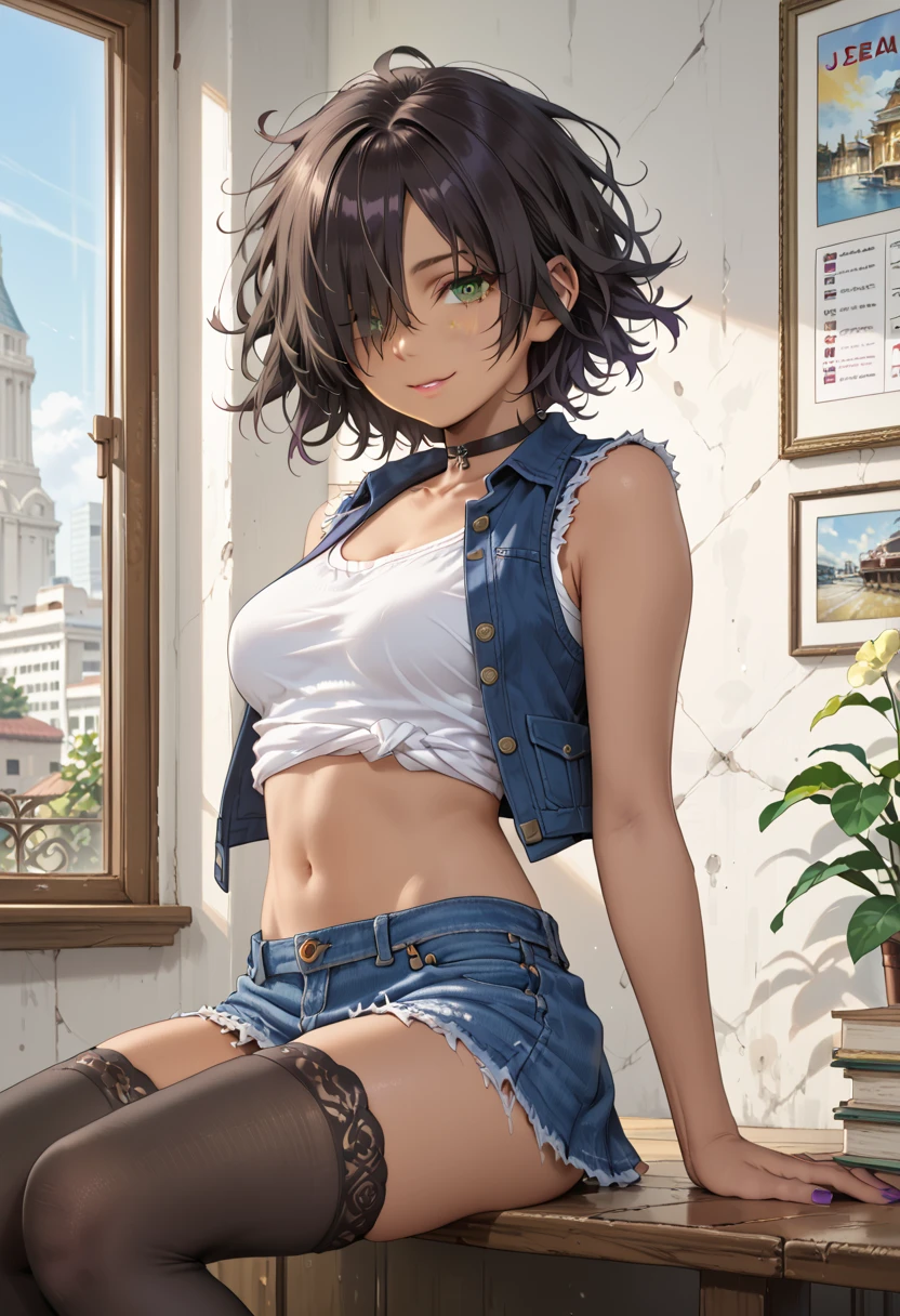 1 girl, old, black hair, black hair,short hair, short hair, floating hair, messy hair, hair over one eye, hair covers one eye, hair cover one eye, big green eyes, purple makeup around the eyes, choker, medium breast, medium breast, brown skin, brown skin, brown skin, brown skin, brown skin, brown skin, brown skin, seductive smile, white short-shirt, short jean blue vest, short jean blue vest, short jean blue vest, show navel, jean skirt, jean skirt, jean skirt, jean skirt, ((long black stockings)), brown short-boots, master piece, high quality, detailed, detailed_background, purple nails, no human ears, in a city,
