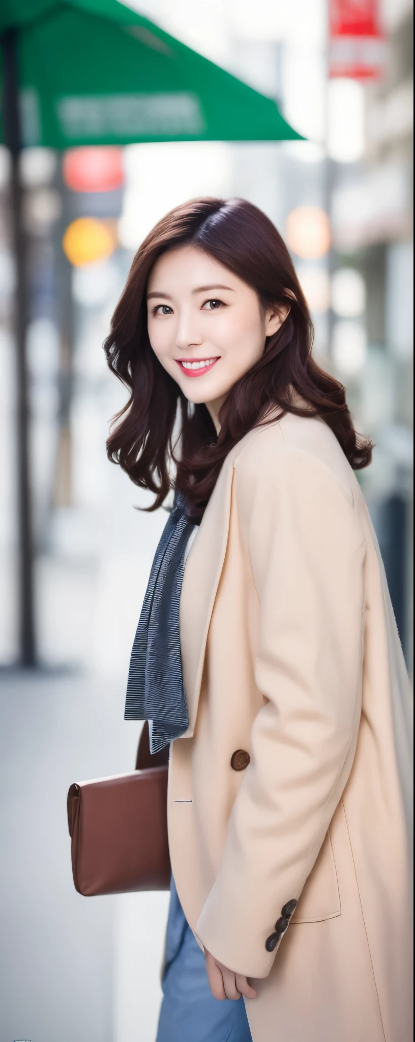 masuterpiece, Best Quality, Illustration, Ultra-detailed, finely detail, hight resolution, 8K Wallpaper, Perfect dynamic composition, from front, Beautiful detailed eyes, brown Long wavy Hair, wearing spring white coat:1.2, winter leather boots, long pants, fluffy neckerchief, Natural Color Lip, Random and sexy poses,Smile, Aoyama Street Walk, in winter, 48 years milf
