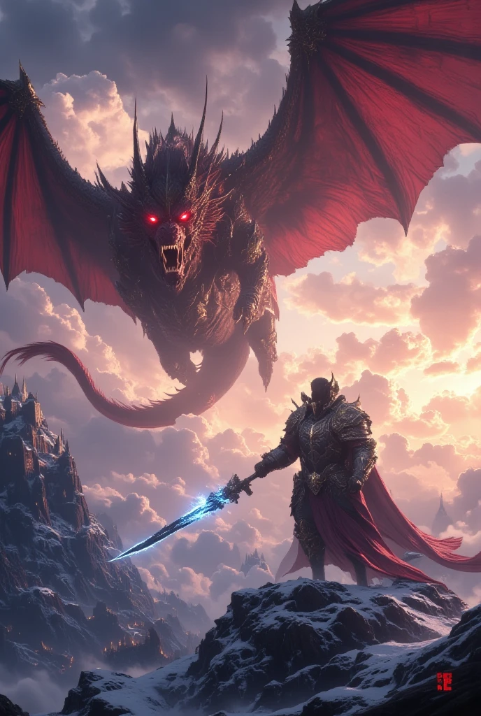 Wearing black pants,A black cape is draped over the back,One-handed sword,There are monsters hovering in the sky above