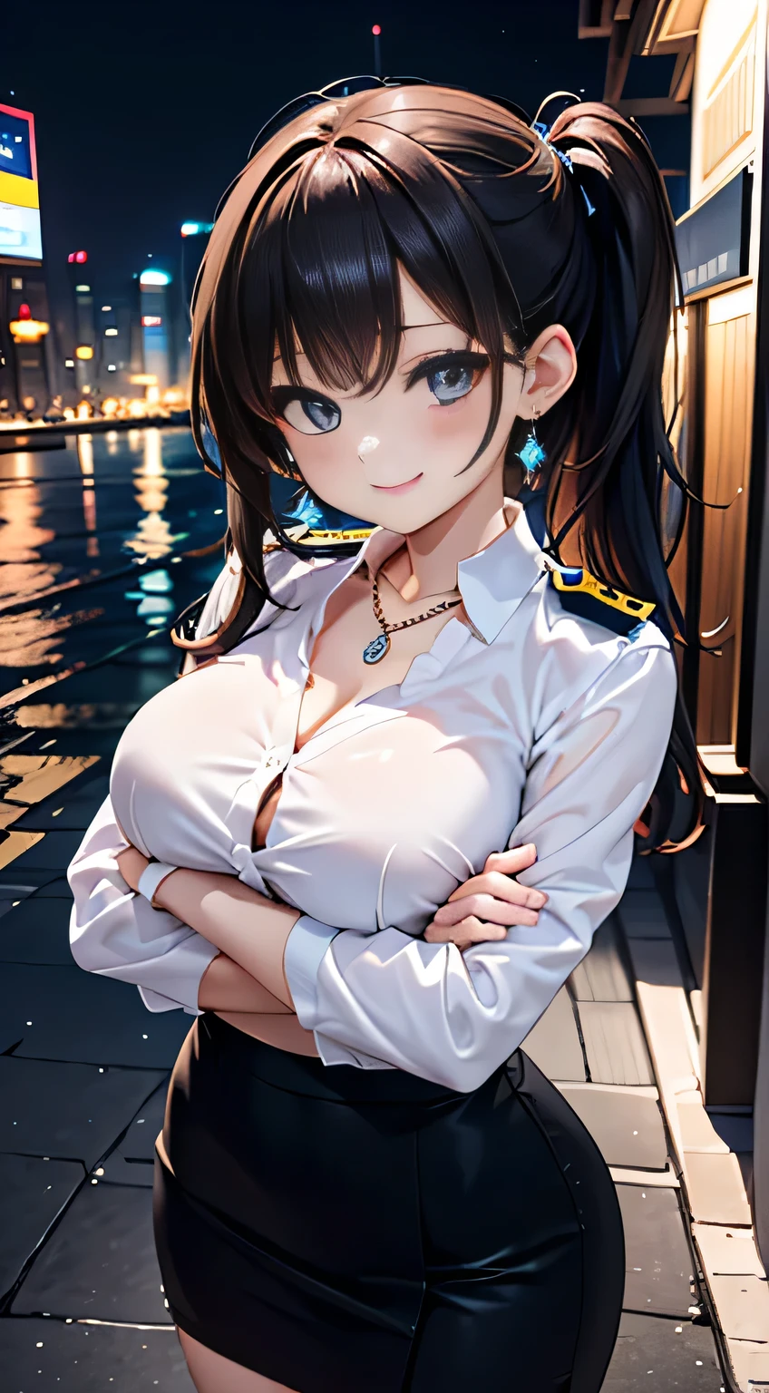 (masterpiece, best quality, RAW photo, intricate details) portrait, head and shoulders, 1girl / Atago / medium dark hair, blues eyes, cat ears, large breasts, cleavage, curvaceous body, (wearing admirals uniform, wearing white trousers), seaport background, blue sky, Azur lane, catgirl, admiralty, medals, academy, military, marine