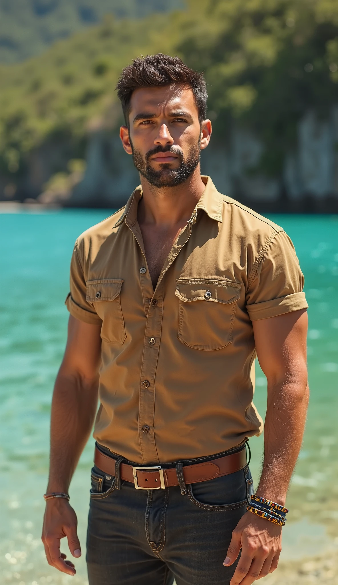 1boy, handsome muscular male, broad shoulder, small waist, face, beard, white background, amm mc outfit, acmm tp outfit, acmm cp outfit, wearing acmm top, very attractive, blurry_background, (high detailed skin:0.8), 8k uhd, dslr, soft lighting, HDR, warm light, high quality, film grain, Fujifilm XT3,