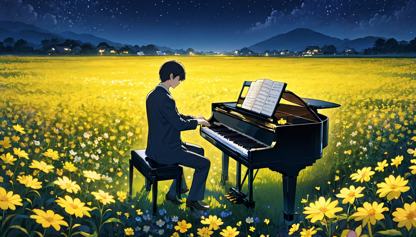 Flower field at night。The flowers are yellow。A man playing the piano in a field of flowers。horizontal angle with attractive buttocks。The whole body of a man is shown。