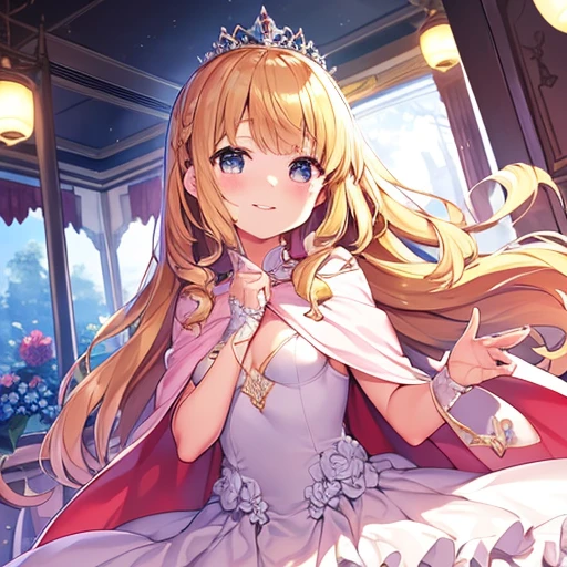 (best quality),(rococo style),(long train pastel pink cape:1.15), very long cape,(long train white ball gown with flower decorations:1.1), a girl is wearing a cape over her gown, 1 little princess, tiara, smile, very long hair, small breasts, looking at viewer