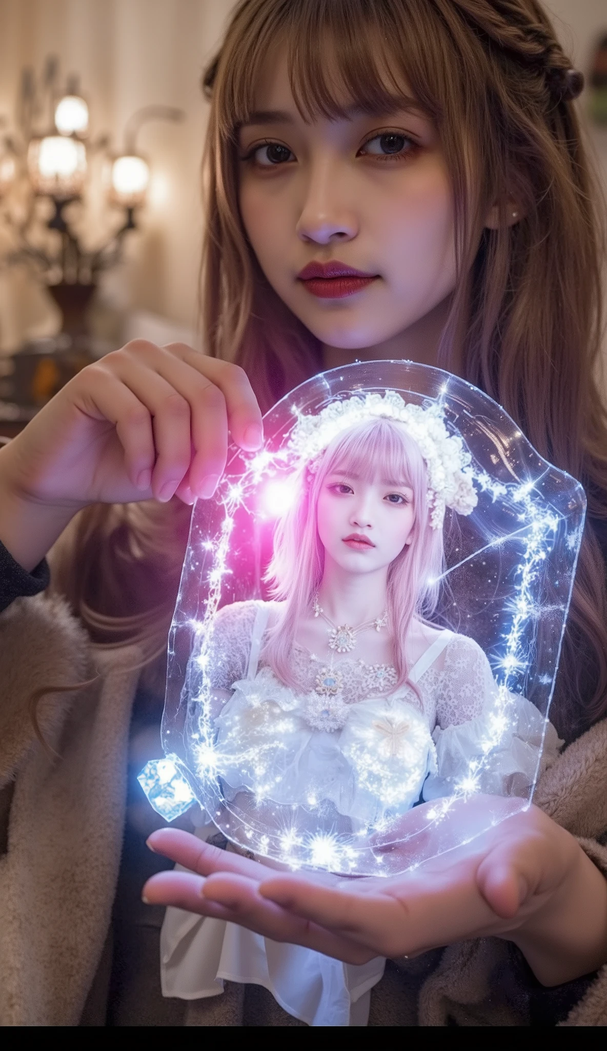 (Sexy 3D Hologram, Brilliant Color), (tech vibe), (detailed hands:1.2, perfect right hand:1.1, Small hands), The sci-fi aesthetic ,soft writing, full body, (Seductive Beautiful Breasts Highlighted:1.2), scene in the palm of a person's hand is real and beautiful,Highlighting a digital face, ( transcendental cute face、Young girl:1.3、idol face、:1.4), beautiful small face, Moisturizing Lips, gal makeup in preparation for pregnancy, sexy smile, (Golden,PINK HAIR,Two Tone Hair), (electrified hair:1.2), medium hair, two side up, dark eyes, (((Naked figure:1.1))), Pretty Girl's Realistic Beautiful Body, Slender Body Line, tight waist, thin thighs, beautiful feet, (perfect anatomy:1.3), Chinese beautiful girl