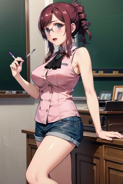 purple eyes, (best quality, masterpiece painting:1.3), Oboro, mature female, 26yo, (half body shot:1.3), schoolgirl, school uniform, (happy, smile, caring look:1.5), purple hair, short hair, stacked bob hair, (large breasts:1.2), (narrow waist:1.1), cleavage, perfect body, (athletic body:1.1), soft skin, anime face, perfect face, (perfect eyes:1.3), glowing eyes, purple irises, anime eyes, smoky eyeliner, eyeshadow, asian, looking at viewer, smart, whiteboard background, classroom, sharp focus, intricate details, professional artwork, (vibrant colors:1.1), vivid colors, Diffused lighting, digital blending, ultra detailed body, ultra detail hair, ultra detail face, trending on pixiv, top button opened,