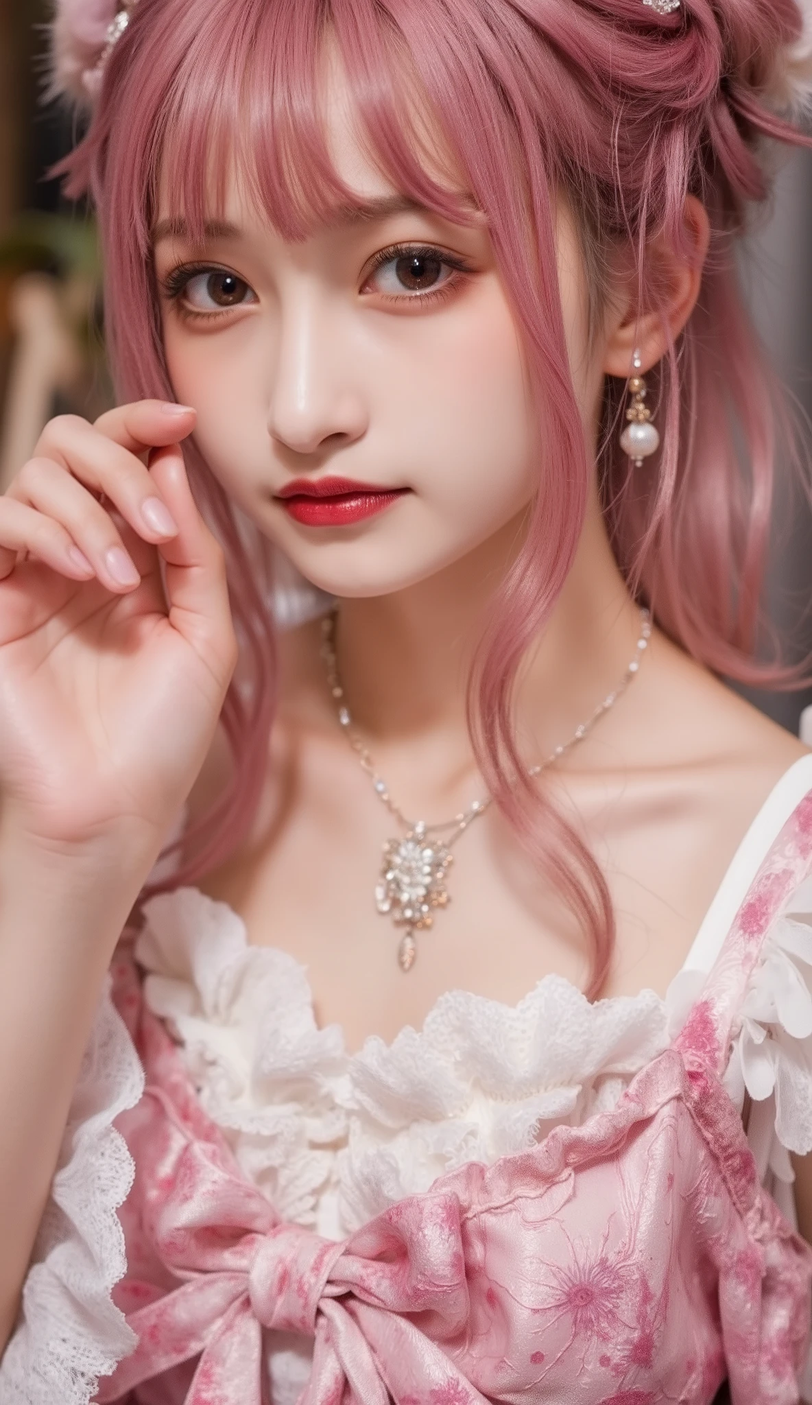(Sexy 3D Hologram, Brilliant Color), (tech vibe), (detailed hands:1.2, perfect right hand:1.1, Small hands), The sci-fi aesthetic ,soft writing, full body, (Seductive Beautiful Breasts Highlighted:1.2), scene in the palm of a person's hand is real and beautiful,Highlighting a digital face, ( transcendental cute face、Young girl:1.3、idol face、:1.4), beautiful small face, Moisturizing Lips, gal makeup in preparation for pregnancy, sexy smile, (Golden,PINK HAIR,Two Tone Hair), (electrified hair:1.2), medium hair, two side up, dark eyes, (((Naked figure:1.1))), Pretty Girl's Realistic Beautiful Body, Slender Body Line, tight waist, thin thighs, beautiful feet, (perfect anatomy:1.3), Chinese beautiful girl