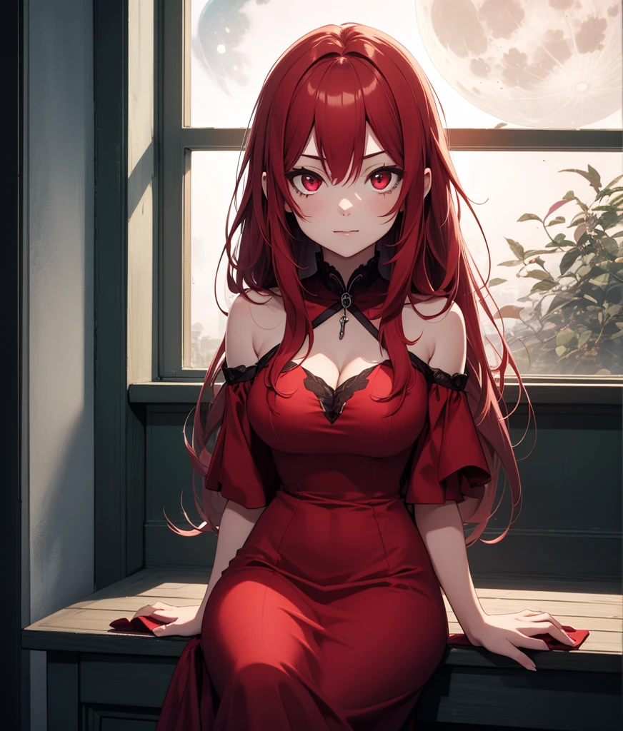 An adult woman with red eyes, long bright red hair with fox ears. Wears an elegant dress. She must be wearing a red leggings. she comes from wonderland