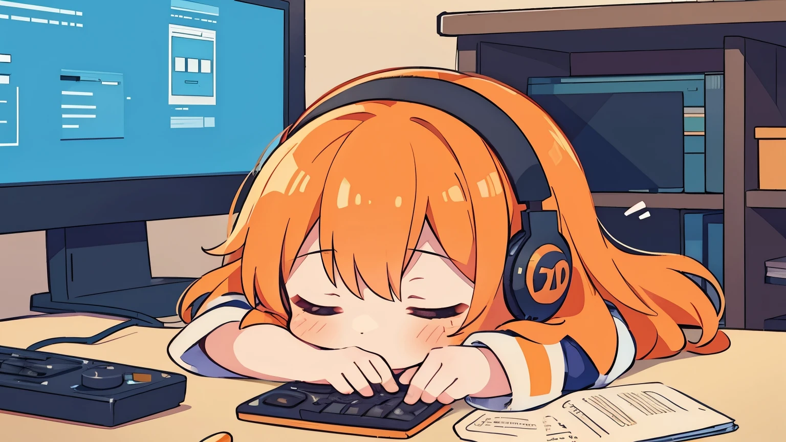 a female chibi character with long orange hair, napping at the table, with headphones in front of the computer