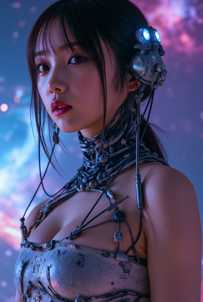 top-quality、masterpiece、超A high resolution、(Photorealsitic:1.4)、Raw photo、Black hair、glowy skin、1 Cyberpunk Girl、((super realistic details))、portlate、Global Illumination、Shadow、octan render、8K、ultrasharp、Colossal tits、Raw skin is exposed in cleavage、Biological Mecha Body、?Details of complex ornaments、Insect specifics、Biological curve form、Energy core glowing red、Energy Transfer Tube、Hydraulic cylinder、highly intricate detail、Realistic light、CGSoation Trends、a purple eye、radiant eyes、Facing the camera、neon details、blood vessels connected to tubes、Mechanical vertebrae attached to the back、mechanical cervical attaching to neck、sitting on、Lots of wires and cables connected to the back of the head、Gorgeous headset、Glowing LED lamp、The background is a steampunk room、