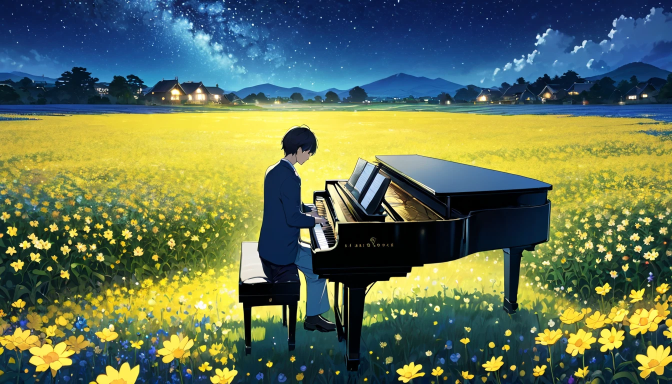 Flower field at night。The flowers are yellow。A man playing the piano in a field of flowers。horizontal angle with attractive buttocks。 has a night sky in the background。The whole body of a man is shown。