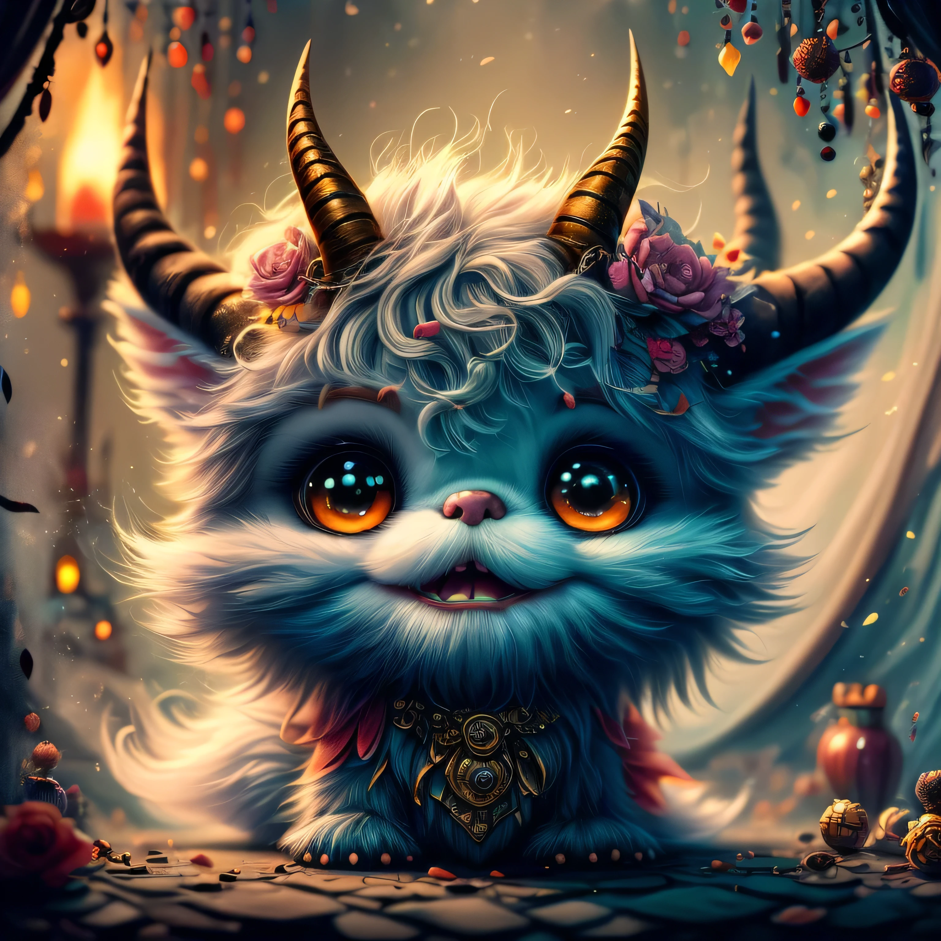 whimsical airbrush and oil painting, gothic style, friendly, a Very cute little mythical graceful transparent anthropomorphic gentle imp with horns and a tail, he is dressed in dark colors and has a mischievous and slightly sinister expression on his face. in a surreal, dreamlike setting. Magical atmosphere. By Ian Miller. Hyperdetailed. Muted colors. Watercolor and delicate detailed ink lines. smooth, burnt art in a professional photograph by Awwchang :: Luis Royo :: WLOP :: Artgerm Lau :: Anne Stokes :: natural deep colors