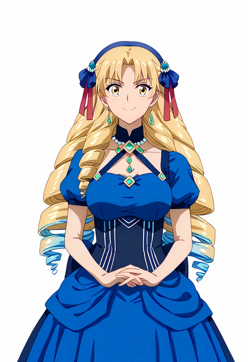 masterpiece, best quality, high quality, high detailed, EPSILON YELLOW, 1girl, solo, jewelry, cleavage, necklace, red ribbon, bare shoulders, hair ribbon, smile, white background, simple background, corset, frills, hair bow, looking at viewer, yellow dress, <lora:EPSILON YELLOW640:0.9>