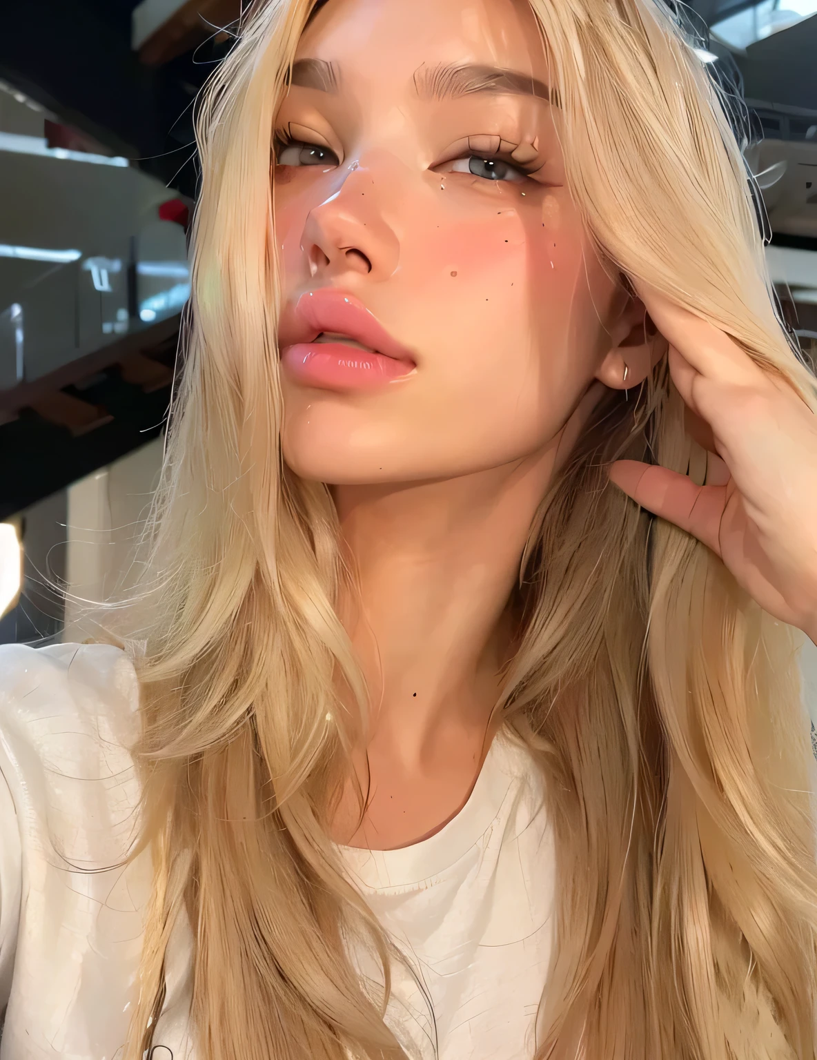 Blonde woman with long hair and bangs painting her lips with lipstick., pelo largo y blanco y flequillo, cabello con flequillo blanco, Lalisa Manobal, parque roseanne de blackpink, peinado de corte hime blanco, con flequillo completo, Lalisa Manoban de Blackpink, flequillo blanco, con flequillo, long hair con flequillo completo, el corte de hime, long hair con flequillo