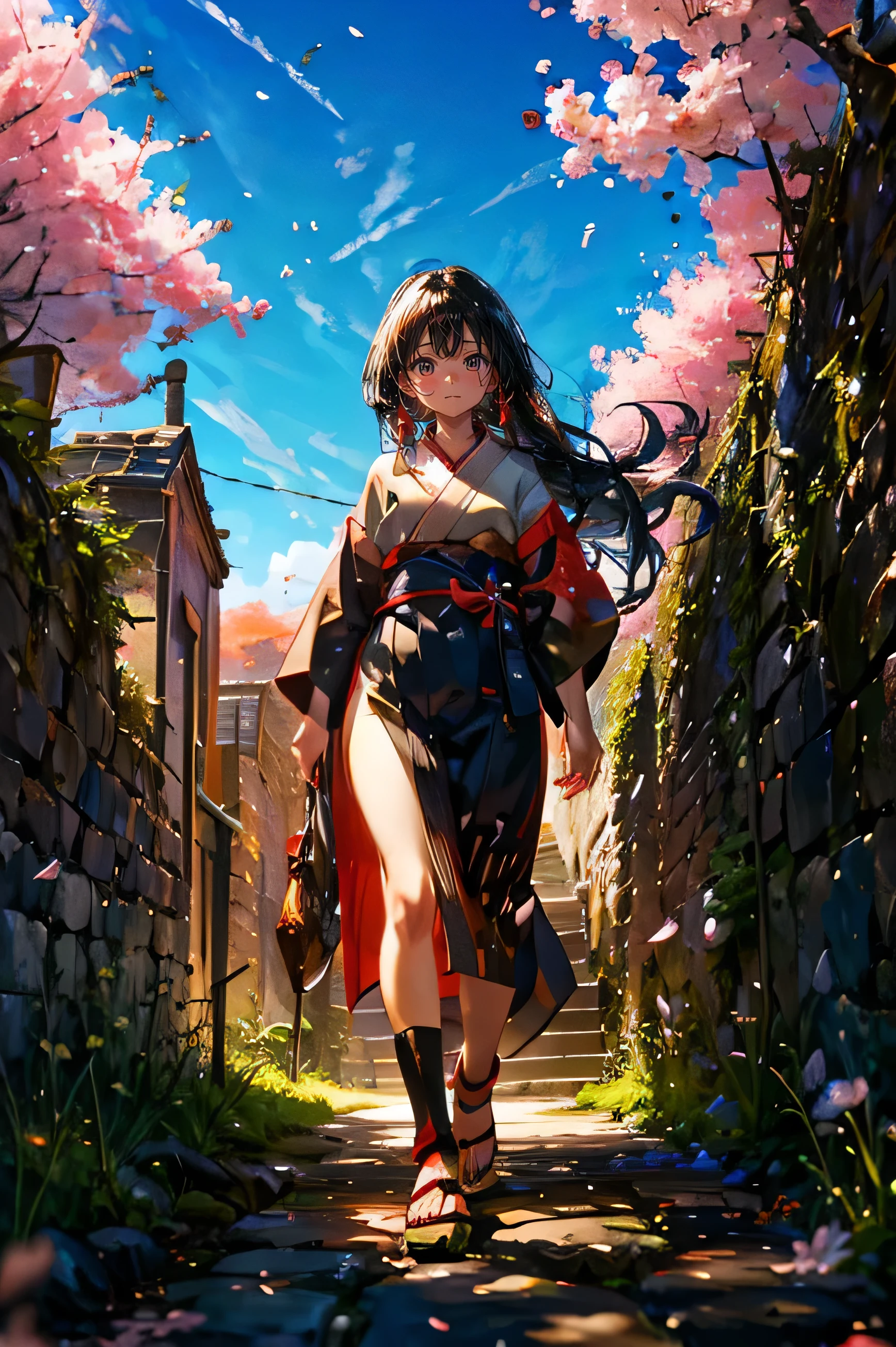 (masterpiece), (best quality), masterpiece, best quality, (best quality, masterpiece, ), [[:✋,:0.5]::0.8],1 girl, Front ,upper bodyアップ,  ((Walking along the coastal path)),  Opening Her Hands , wind, 信じられないほどのwind景, blue sky, light,cherry blossoms,upper body, 1 girl, Adventurer　 clear 　Shiny black hair　 Pottery Skin 　black robe　 kimono　stupid hair　Noble Long Hair 　 scrapes up the hair　red eyes　Belt Sword, Smile