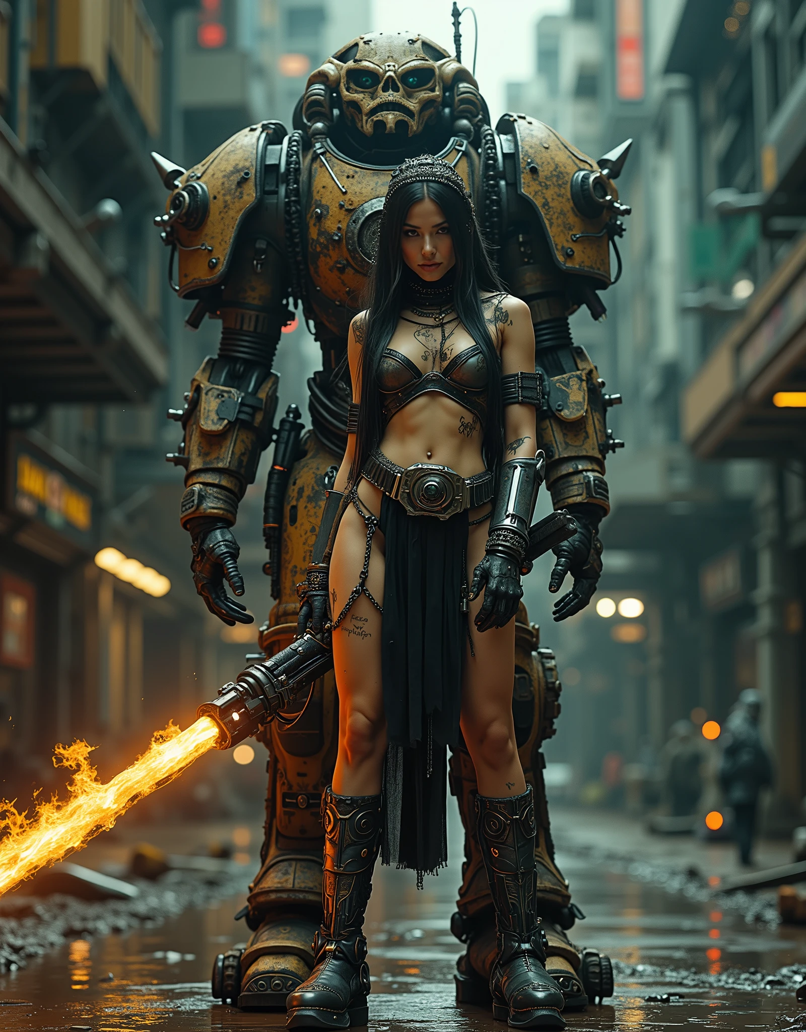 cinematographic photograph using rule of thirds and composition on planes Photo 3 / 4 takes over the entire body , beautiful and sexy naked woman , young Mexican woman of incomparable Latin beauty , top model, Stylish and gothic stormtrooper with small breasts , fit ((chains)), astronauta exploradora dress made of chains, emerald eyes, penetrating look , Punk chain , punk belt , full body shot, torn screen , torn and broken leather and lace , showing the skin of the body , with Aztec tattoos , con chains Picos y Muchas joyas de plata de huesos de plata , straight dark hair collected, some dreadlocks with purple tips , The Mayan headdress, a reference to King Pakal Maya , She is armed with Macahuitl Xihucoatl and a wielding fiery sword, parts of rusty armor with Aztec motifs in bas-relief and some parts of bones, brandishing the Xihucoatl of fire , In a superhero pose on the huge skull of a Quetzalcoatl, Next to her in the background and fully appreciating a huge (huge) y alto robot mecha de piernas largas inspirado en los Atlantes de Tula y con cabeza de dios azteca Tlaloc Tezcatlipoca y con armadura oscura con mucho oxido battle damage y partes destruidas, You can see the exposed mechanism composed of pistons , hoses, chains y motores con algunas luces, . In the background of a desolate and flooded apocalyptic planet, reflections in water, por la noche, gloomy atmosphere, ethereal smoke emanating from her and the macahuitl , dark. Maya warrior , Robot Atlante de Tula . BATTLE POSES. battle damage. in the style of Ashley Wood a high level of style Racrufi . The two characters must be observed in their entirety in their entirety