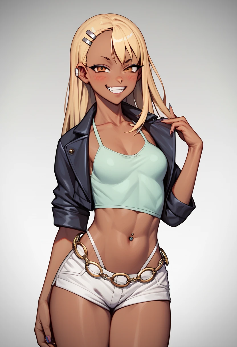 score_9, score_8_up, score_7_up, 1girl, standing, nagatoro hayase, solo , anime, blonde hair, hair clip, grin smile, tan, dark-skinned female, hadegalchainbelt, large o-rings, chain-belt, black cropped jacket, light green camisole, white shorts , masterpiece, ultra-detailed, 4k, look straight at viewer, focusing on the stomach ,