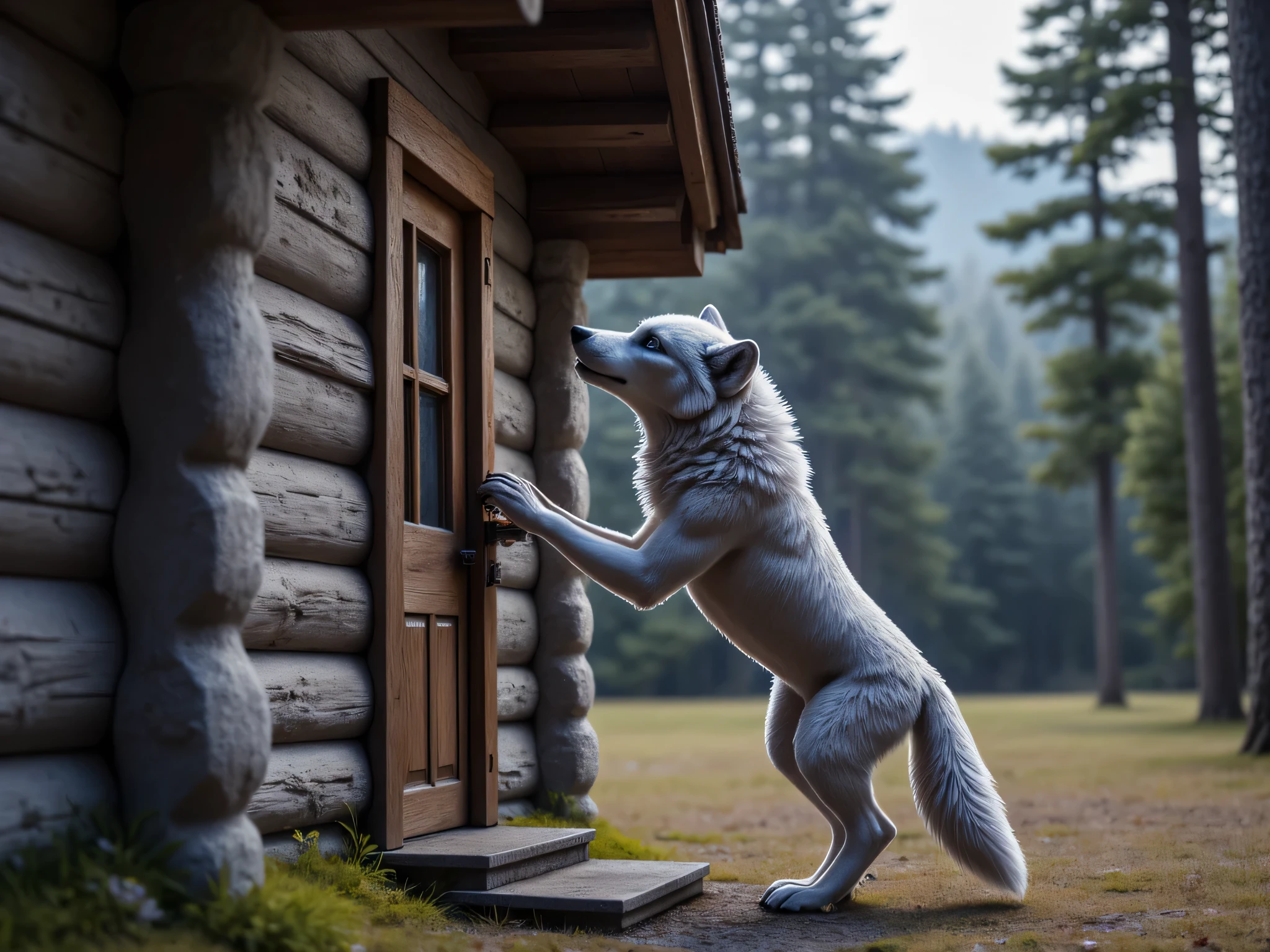  (masterpiece), best quality, 1wolf,  realistic, highly detailed, shallow depth of field, sharp focus, hyperrealism, cinematic lighting, photorealistic style, 8k solution, the gray wolf stands on its hind legs and knocks on the door of grandmas old log house in the middle of the forest, view from the side, 