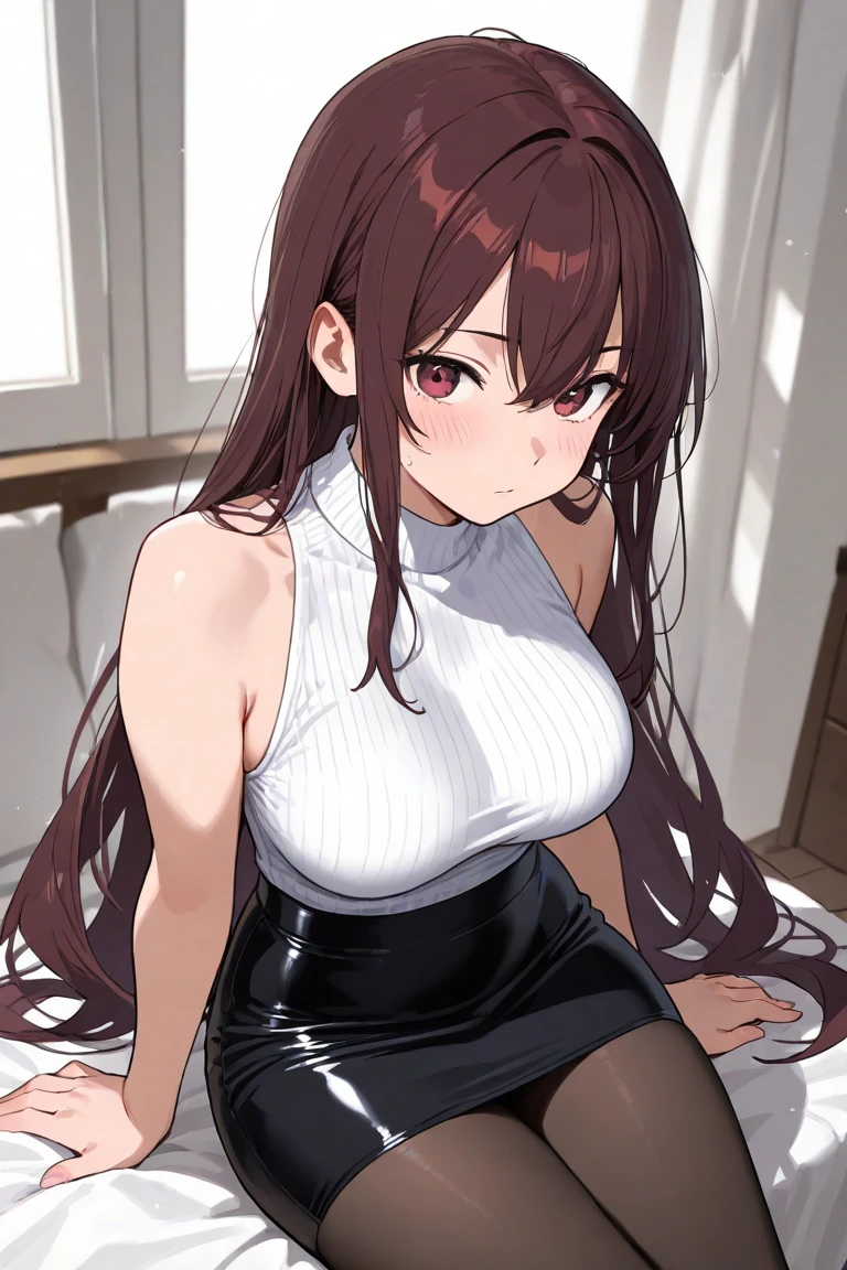 NSFW,Scathach、Long Hair、Purple Hair、(Red Eye:1.5),Long sleeve、リブsweater、sweater、turtleneck、turtlenecksweater、(白sweater:1.5),Sleeveless,Embarrassed,blush,(Perfect hands),(Perfect Anatomy),(masterpiece),(highest quality),night,bustling street