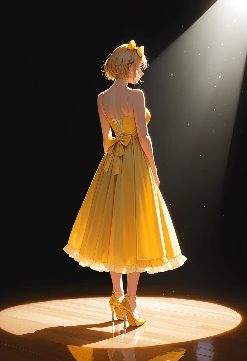 1girl, ooking at viewer, full body, (masterpiece:1.2, best quality) <lora:AsheLORA:1>, Ashelia, Ashelia, short hair,yellow dress, jewelry,light from behind, slim