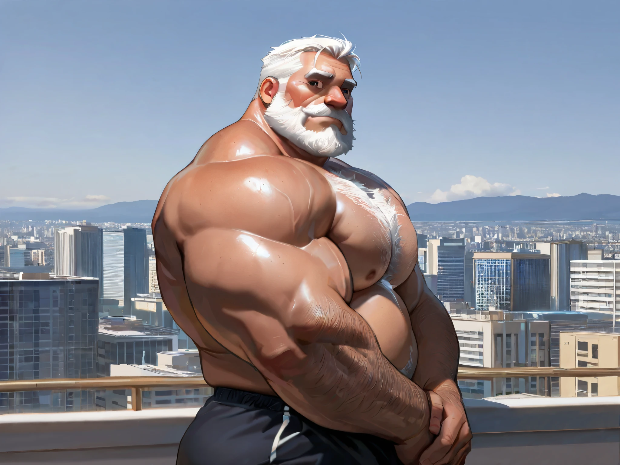 a potrait, half body, semirelistic:1.2, massive muscle, masterpiece, detailed face, muscular old man in front house, old man, bearded. white hair and beard, bearded, ((muscular, pectoral, wide pectoral, thick arm, huge arm)), realistic, 8k, masterpiece, (wearing shorts and shirtless:1.3, topless, shoes), smile, brown bear