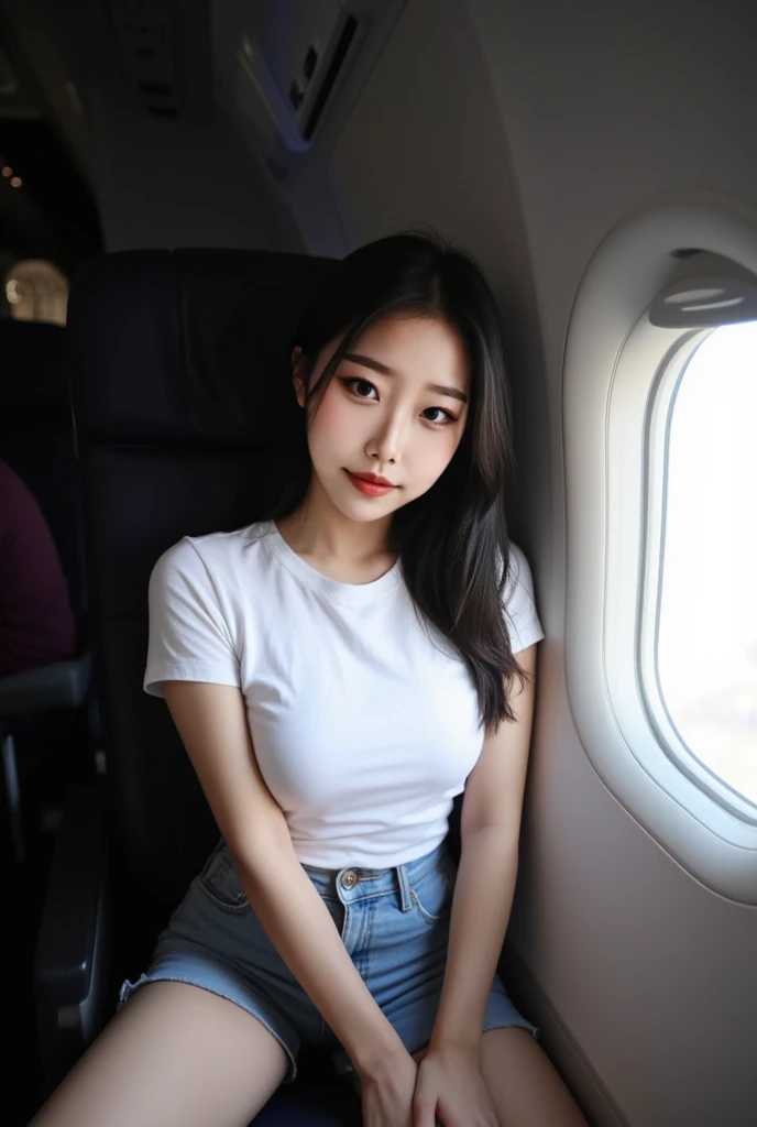 korean girl named seo sitting in modern plane very realistic