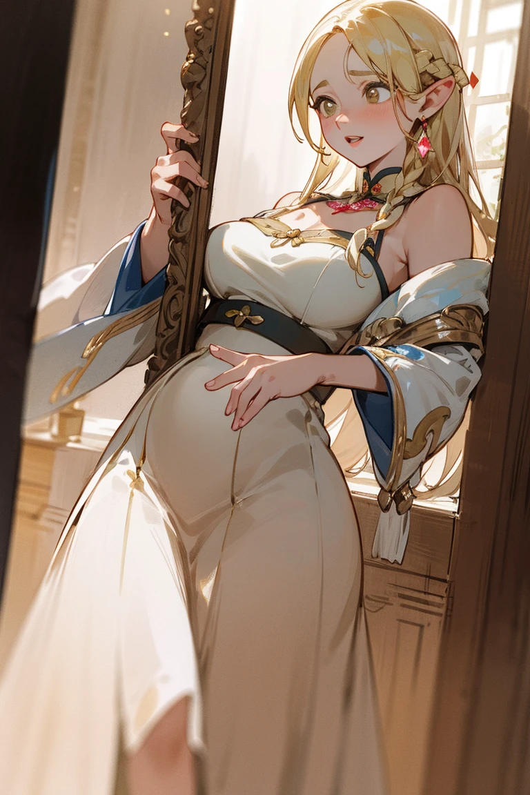1Woman milf greek goddess "Giant breasts" + "large rear" + "tall"+ "wide hips" + " tiny waist" + "plump thighs" + "golden eyes"+ " Long white Hair" +"Red Lips" + "Lucious Lips"”) outfit: (Long, loose white tunic, made of light, flowing silk fabrics. The tunic was adjusted at the waist with a belt or sash, golden accessories, golden laurel wreath)