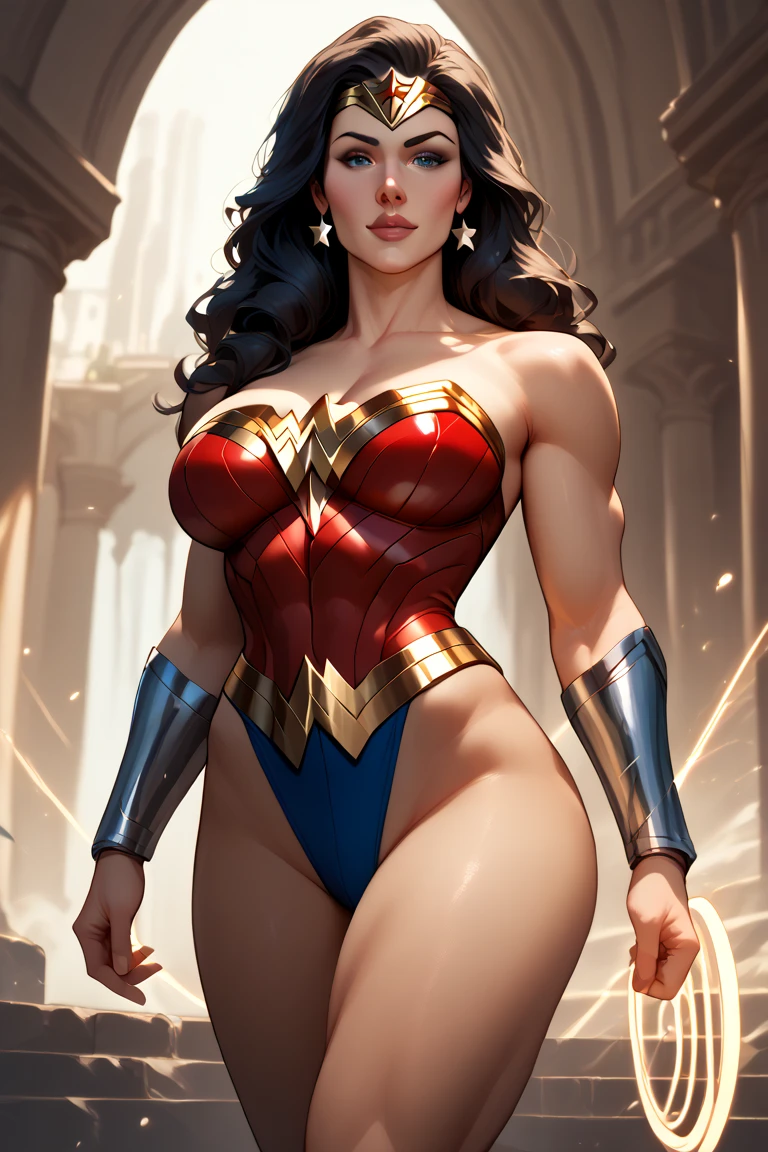 1woman, Wonder Woman, (intricate details, makeup), (delicate and beautiful delicate face, delicate and beautiful delicate eyes, perfectly proportioned face), delicate skin, strong and realistic blue eyes, realistic black hair, lips, makeup, natural skin texture, tiara, jewelry, star \(symbol\), leotard, bulletproof gauntlet, red boots, golden girdle, (public clothing: 1.5), bare shoulders, slightly sunburned complexion, mature, sexy, toned muscles, (muscles:1.2), ((strong and healthy body)), ((((more) muscles))), long legs, curves, (big breasts: 1.3), thin waist, soft waist, (delicate skin), (beautiful and sexy woman), (swollen lips: 0.9), very delicate muscles, standing,(realistic: 1.5), photorealistic, octane rendering, hyperrealistic, tight modeling, (photorealistic face: 1.2), thick eyelashes, long eyelashes, (curly dark hair: 1.1), best quality, half smile, (looking at the viewer), sharp focus, (4k), (masterpiece), (best quality), fantasy, extremely detailed, intricate, hyper detailed, (perfect face), illustration, soft lighting,(specular lighting:1.4), blue eyes, absurdly photorealistic, ultra high resolution, intricate, hyperdetailed, (skindentation), female, detailed body, (detailed face: 1.1), (outlined iris), (hydrocolor lenses), (perfect eyes), 4k, gorgeous, (masterpiece: 1.2), (best quality:1.2), (((huge muscles)))