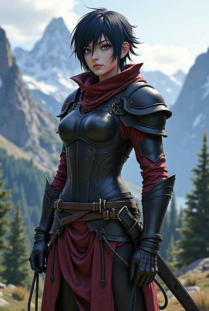 masterpiece, best quality, shez, short haired black, choker, armor, cape, black dress, single glove, thighhighs, armored legwear, orange boots, from side, standing, whole body, looking at viewer, smile, closed mouth, trees, mountains