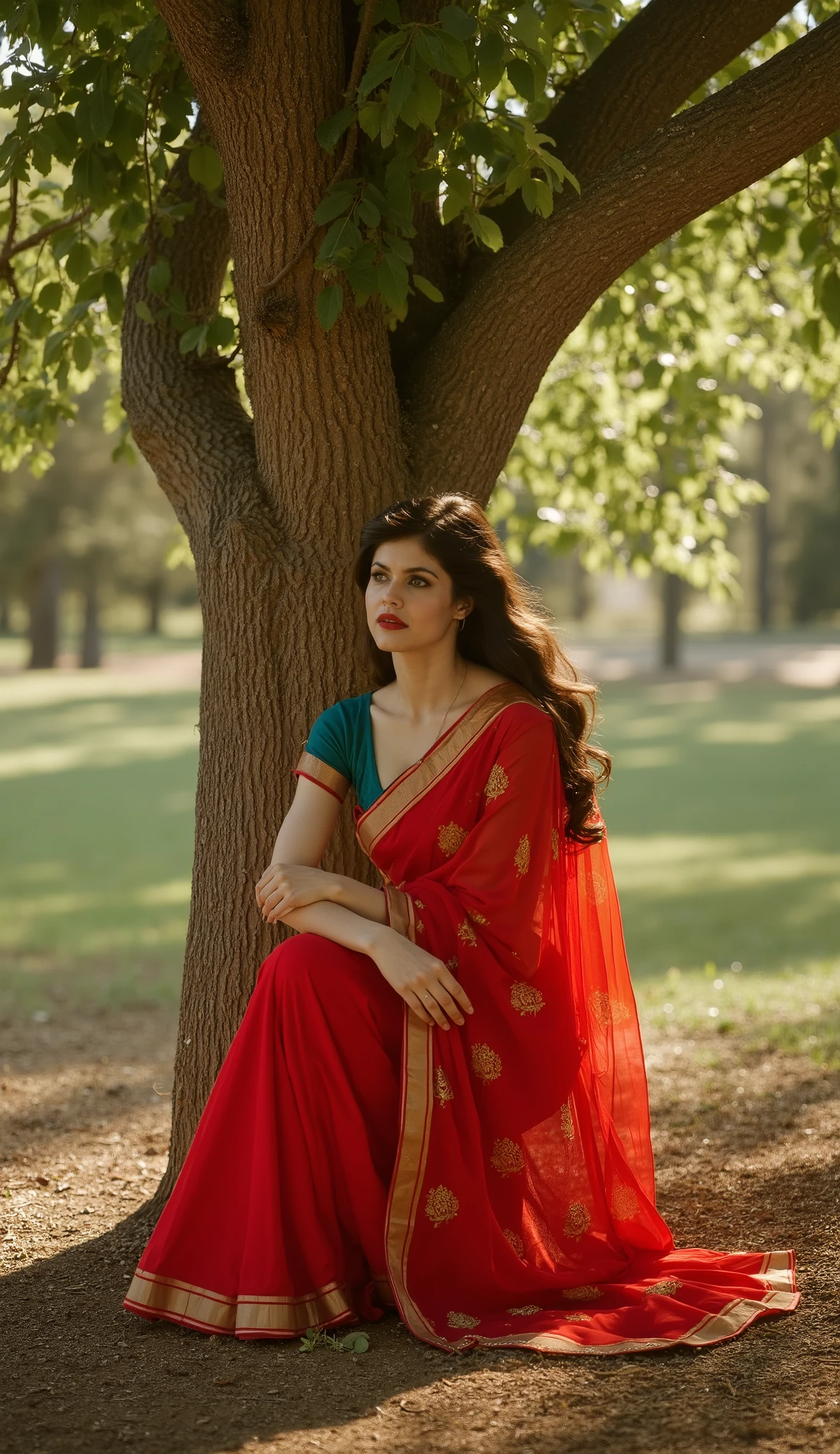 Sure! Here's the prompt in English:
"American female star Alexandra Daddario wearing a beautiful Indian saree, sitting gracefully under a neem tree. The serene ambiance of the natural surroundings, with the tree's shade and gentle breeze, complements her elegance, creating a harmonious blend of Indian tradition and timeless beauty."
Let me know if you'd like further tweaks! 😊