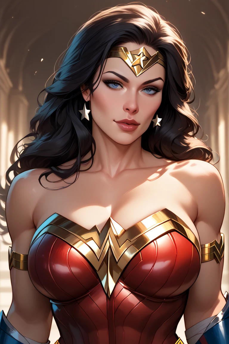 wonderwoman, black hair, blue eyes, large breasts, wide hips, thick thighs, no teeth, beautiful face, realistic, ray traced, beautiful eyes