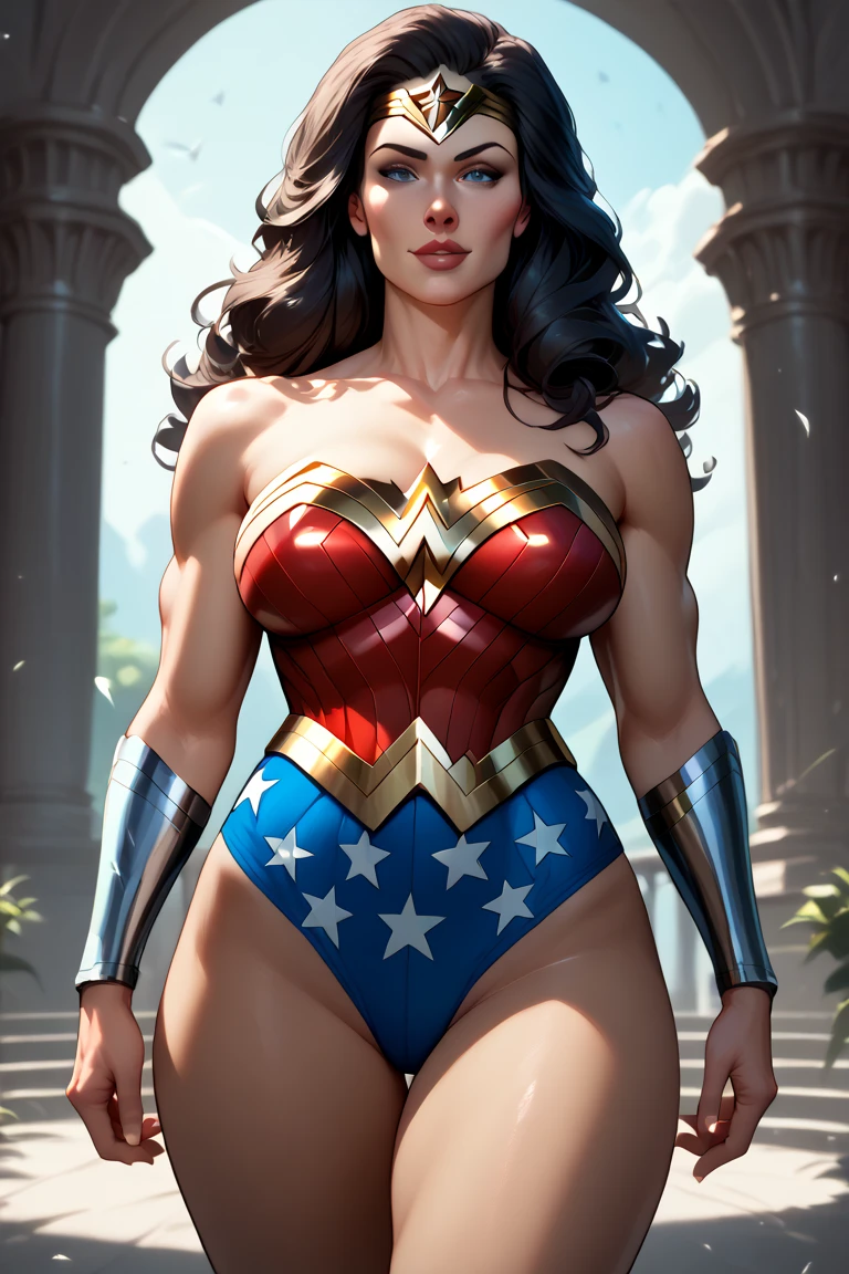1woman, Wonder Woman, (intricate details, makeup), (delicate and beautiful delicate face, delicate and beautiful delicate eyes, perfectly proportioned face), delicate skin, strong and realistic blue eyes, realistic black hair, lips, makeup, natural skin texture, tiara, jewelry, star \(symbol\), leotard, bulletproof gauntlet, red boots, golden girdle, (public clothing: 1.5), bare shoulders, slightly sunburned complexion, mature, sexy, toned muscles, (muscles:1.2), ((strong and healthy body)), ((((more) muscles))), long legs, curves, (big breasts: 1.3), thin waist, soft waist, (delicate skin), (beautiful and sexy woman), (swollen lips: 0.9), very delicate muscles, standing,(realistic: 1.5), photorealistic, octane rendering, hyperrealistic, tight modeling, (photorealistic face: 1.2), thick eyelashes, long eyelashes, (curly dark hair: 1.1), best quality, half smile, (looking at the viewer), sharp focus, (4k), (masterpiece), (best quality), fantasy, extremely detailed, intricate, hyper detailed, (perfect face), illustration, soft lighting,(specular lighting:1.4), blue eyes, absurdly photorealistic, ultra high resolution, intricate, hyperdetailed, (skindentation), female, detailed body, (detailed face: 1.1), (outlined iris), (hydrocolor lenses), (perfect eyes), 4k, gorgeous, (masterpiece: 1.2), (best quality:1.2),
