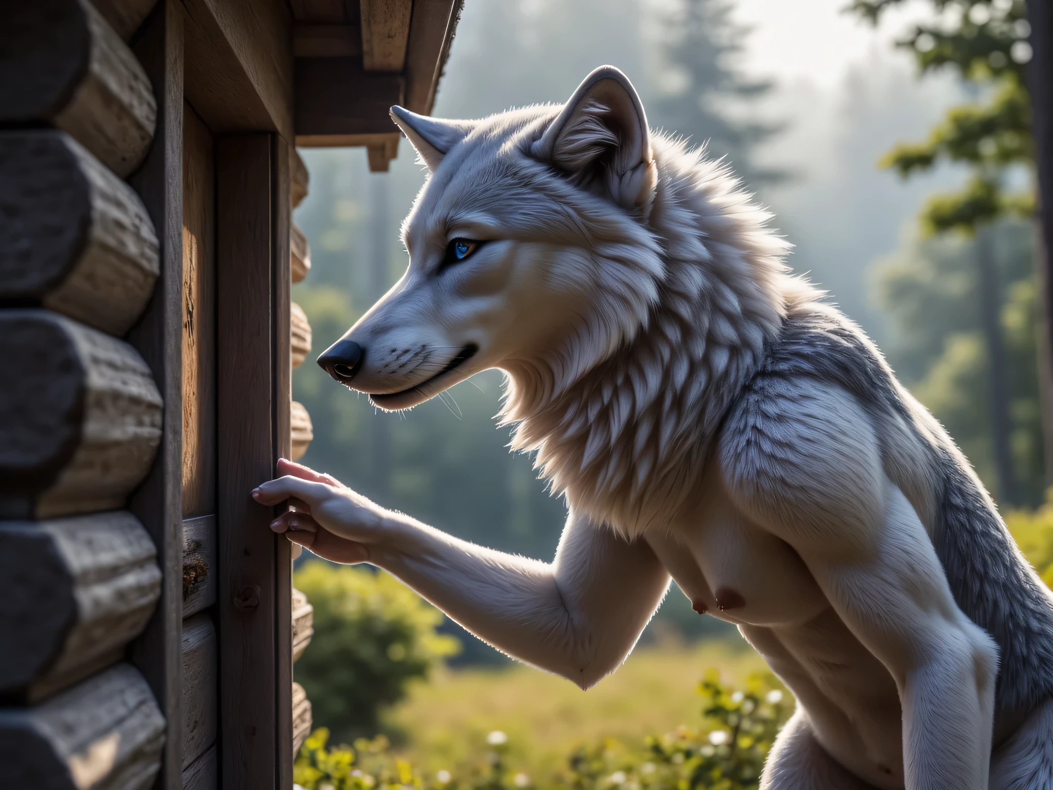  (masterpiece), best quality, 1wolf,  realistic, highly detailed, shallow depth of field, sharp focus, hyperrealism, cinematic lighting, photorealistic style, 8k solution, the gray wolf stands on its hind legs and knocks on the door of grandmas old log house in the middle of the forest, view from the side, 