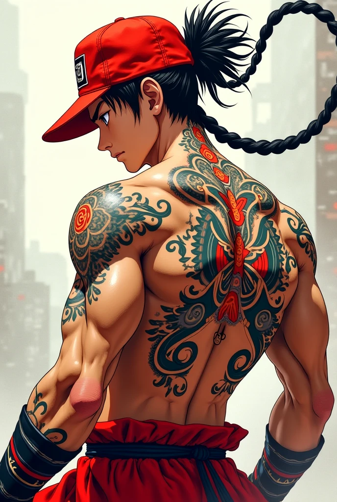 in style of Harry Bertoia, Girl with grim angry expression，Black Hair，Red Eye，Shot from behind，(yakuza Tattoo Show,detail tattoo:1.8),very detail,，Vintage，Bare back，Bare shoulders，curvy,poseing,1990s \(style\),(insanely detailed and intricate, hypermaximalist, elegant, ornate, hyper realistic, super detailed:1.1)，Black sequined dress, Stylish hairstyle, Exquisite jewelry, Huge and unique hat, very detailed shading