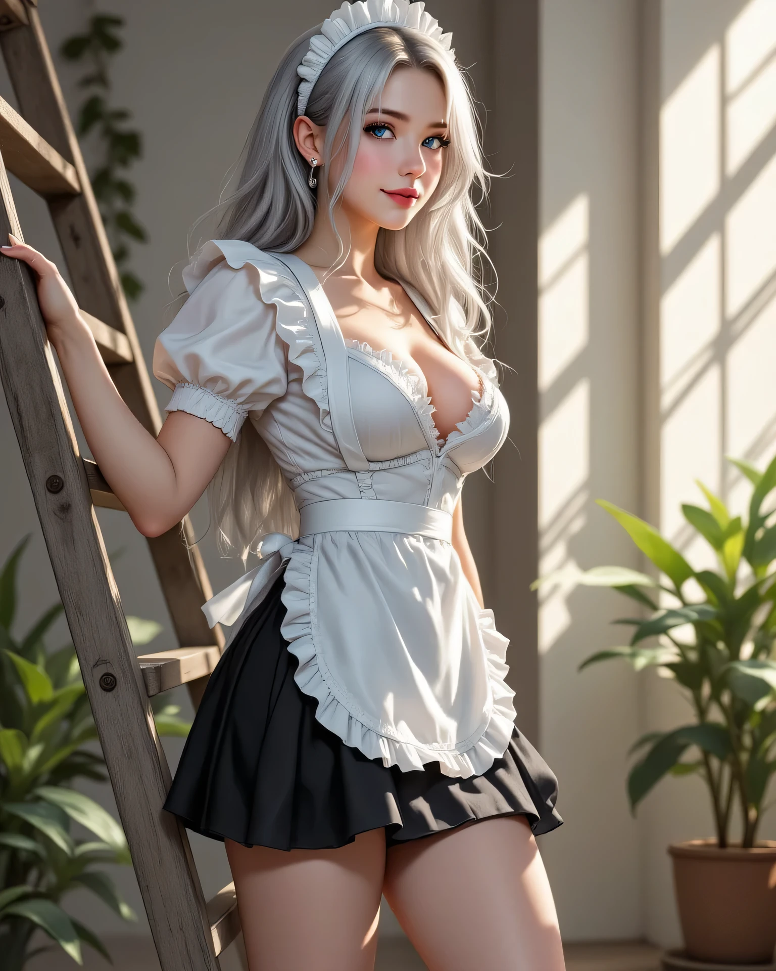 There is a tanned skinned adult woman sit on table, crossed legs, look outside, in restaurant, short Lolita dress revealing her butt, apron, maid hat, heels, black stockings ,black lace panties, white hair, darker lips,thin lips, kind and soft face, green eyes,Eyeshadows,sexy eyeliner,knee length hair,curved hair, Big breast, thin waist, high quality, highly detailed skin,