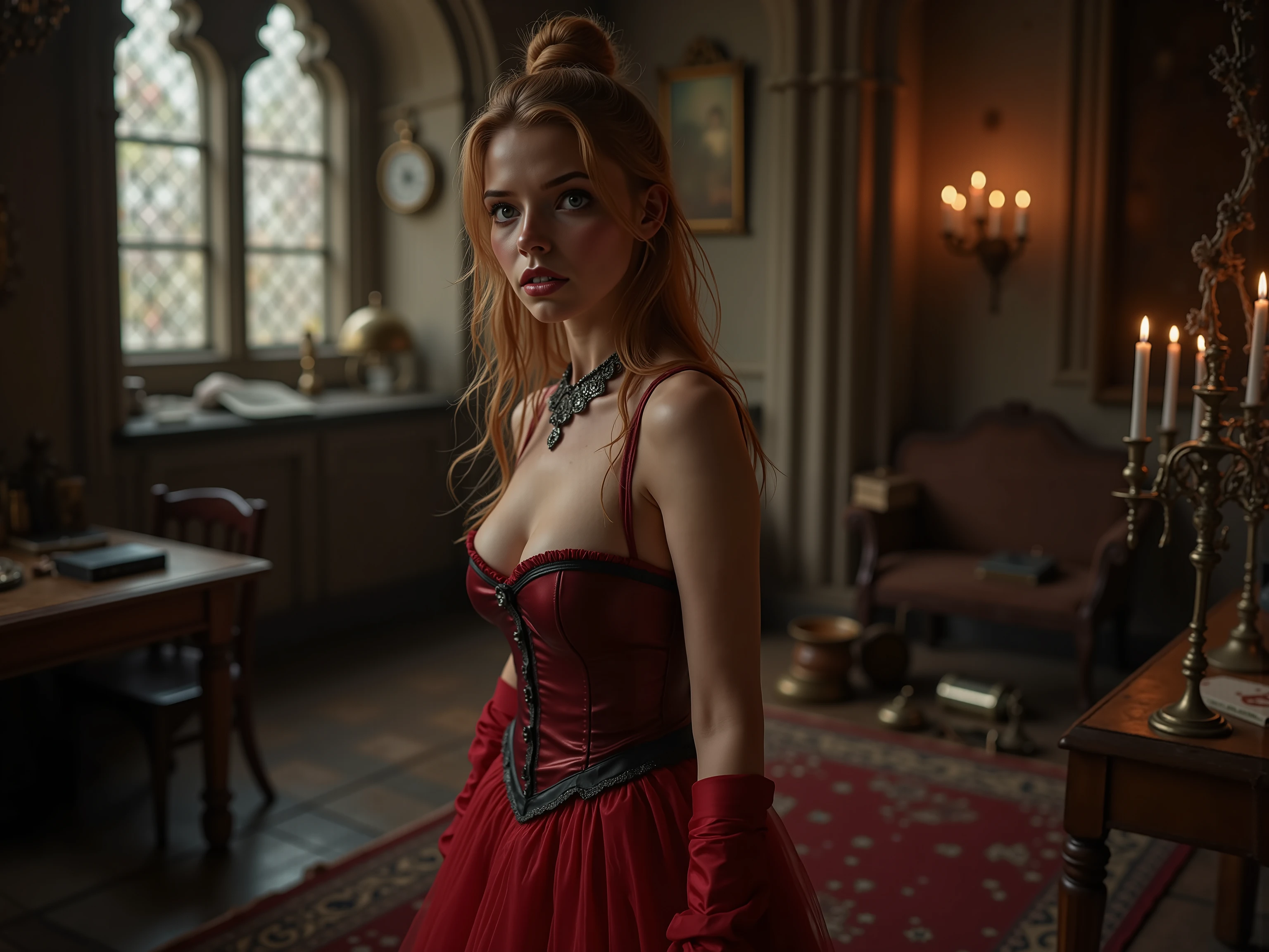 🌟 quality & silent:
hyperrealistic, 8k, ultra-high resolution, very detailed, soft lighting, SLR lighting, SLR camera , Fujifilm XT3, film grain, Sharp concentration, perfect lighting, dark fantasy art.
🌌 Scene & background:
a dark , Gothic castle with broken windows, flooded with light. scattered old books, broken scientific instruments and torture tools lie around. candles in antique candelabra create a dramatic atmosphere.
😈 model & Styling:
A 23-year-old , devilishly beautiful woman with a breathtaking hourglass figure. She has long, blood-red hair, tied in a messy bun. Her face is sickly pale and haggard, with blue eyes, of a snub nose and plump lips. She is wearing a short , redden, sheer gothic skirt and a deep red, transparent satin bodice. Her corset presses her small, firm breasts up.
🔥 Pose & Mood:
She stands or walks across the room, her body shows her wide hips, Her perfect, tight butt and full thighs. Her facial expression is a mixture of fear, panic and terror, while she tries , to free oneself. Die Mood ist dramatisch, emotionally charged and full of tension.
💋 Brief summary 💋
"A devilishly beautiful, mysterious woman with blood-red hair and an hourglass figure standing or walking in a dark Gothic castle. She is wearing a short , redden, sheer gothic skirt and a deep red, transparent satin bodice. Die Scene ist hyperrealistisch, hochdetailliert und in 8k-quality, with a dramatic, horror-like atmosphere."