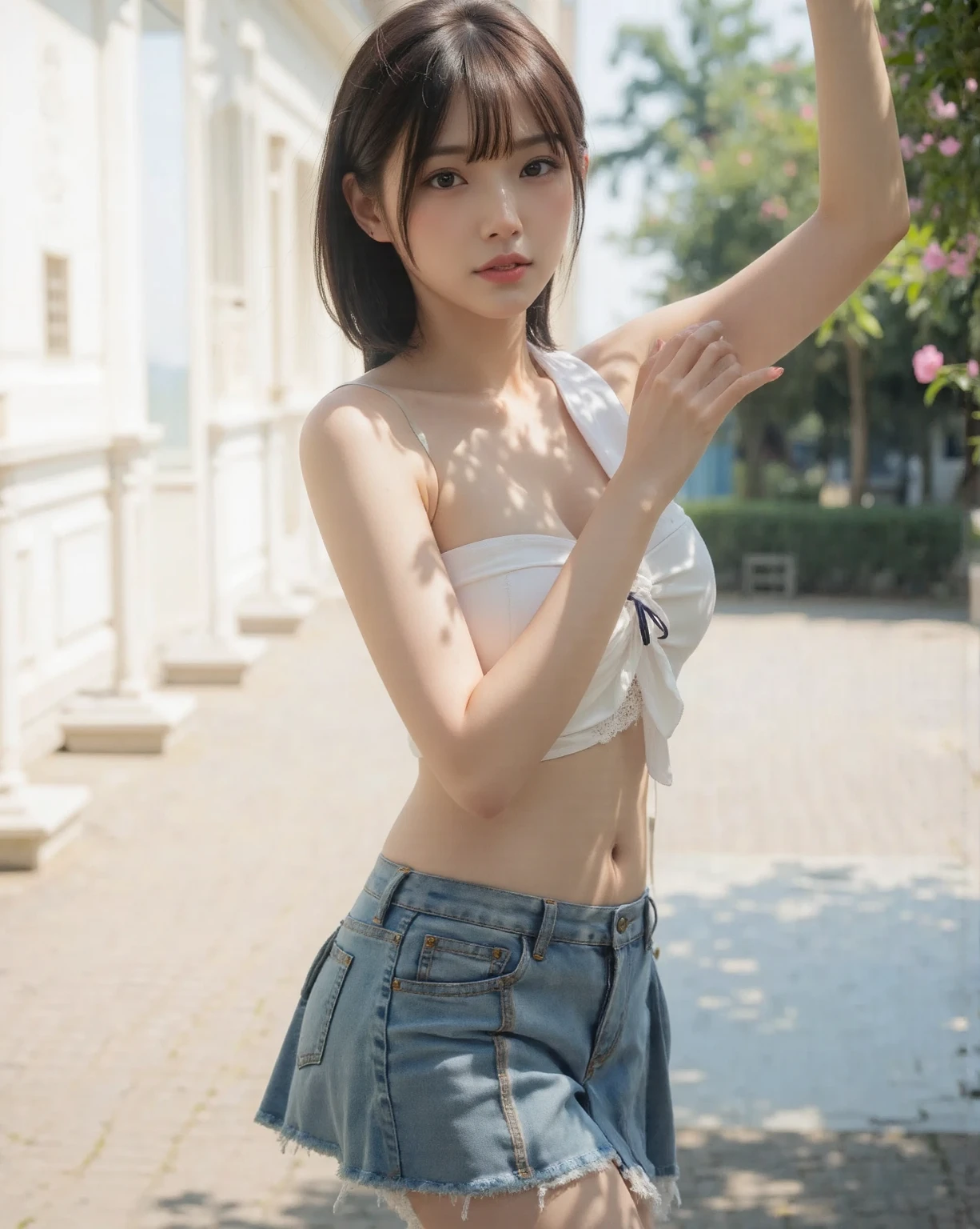 ((top quality, 8k, masterpiece: 1.3, raw photo)), Sharp Focus: 1.2, (1 aespa girl: 1.2), (Realistic, Photorealistic: 1.37), (face focus: 1.1), cute face, small breasts, flat chest, short hair, (white camisole: 1.2), skirt, sitting, arms up, from below, sunlight, movie lighting, A beautiful girl with her hair blowing in the wind under the blue sky with white clouds
