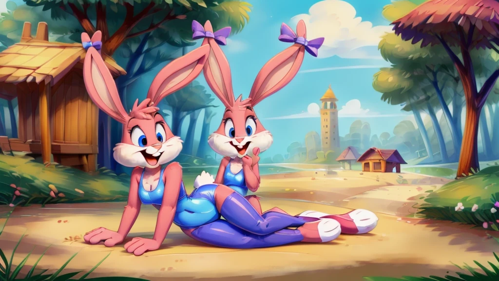 ((Best quality)), ((masterpiece)), (detailed), Lola bunny, Judy hops, 2 persons, two characters, Lola bunny: high, Medium breasts , long legs, wide hips, bikini, Judy hopps: серый skin, rabbit, grey rabbit,low, Large legs, bikini, big breasts,kissing, Judy is shorter than Lola,