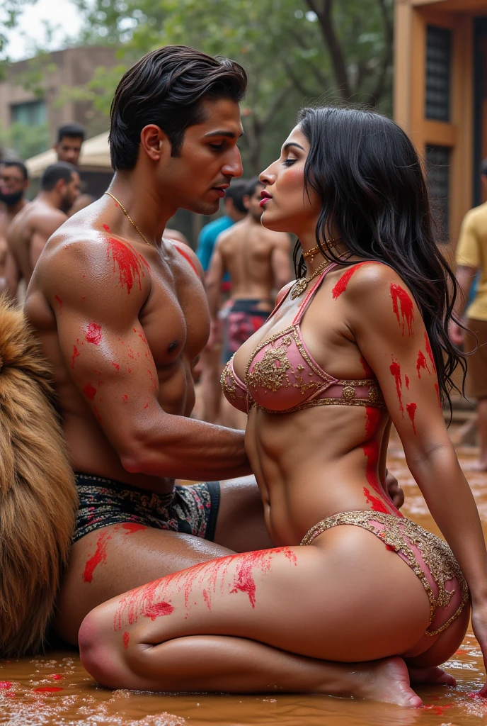 A powerful, muscular female athlete with chiseled abs, towering over her massive, 200 kg boyfriend, who is tied to a chair and covered in sauce. Her face radiates joy as she laughs maniacally, while his handsome features show deep suffering. The room is littered with fast food wrappers, contrasting her toned physique with his flabby, helpless body. Dramatic lighting emphasizes the stark power dynamics and emotional contrasts between them