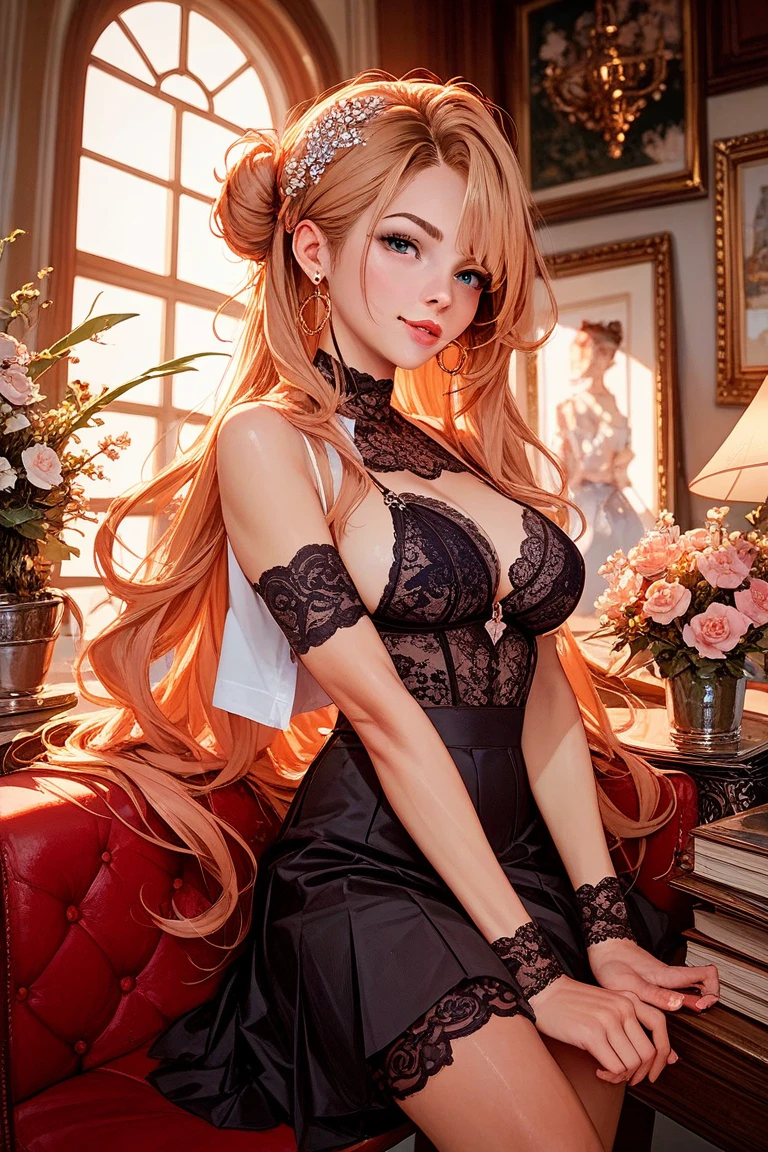 ((((masterpiece, best quality, high resolution)))), Extremely detailed 8K, Beautiful girl with voluptuous body, (Ultra HD, Ultra-detailed, Highly detailed, Highly realistic, Ultra-realistic, photograph realistic), (1girl:1.5), (Realistic blonde hair), (long wavy hair), (dynamic poses), facing at camera, looking at viewer, (blushing red, embarrassed, smile), (red eyes, sharp eyes), (medium perky breasts:1.2), (beautiful detailed face, beautiful detailed eyes), ((white lace lingerie, black choker, pink fingernails, earrings)), (standing up), sweat, glow, (sunbeam, sunlight), ((cowboy shot)), bedroom