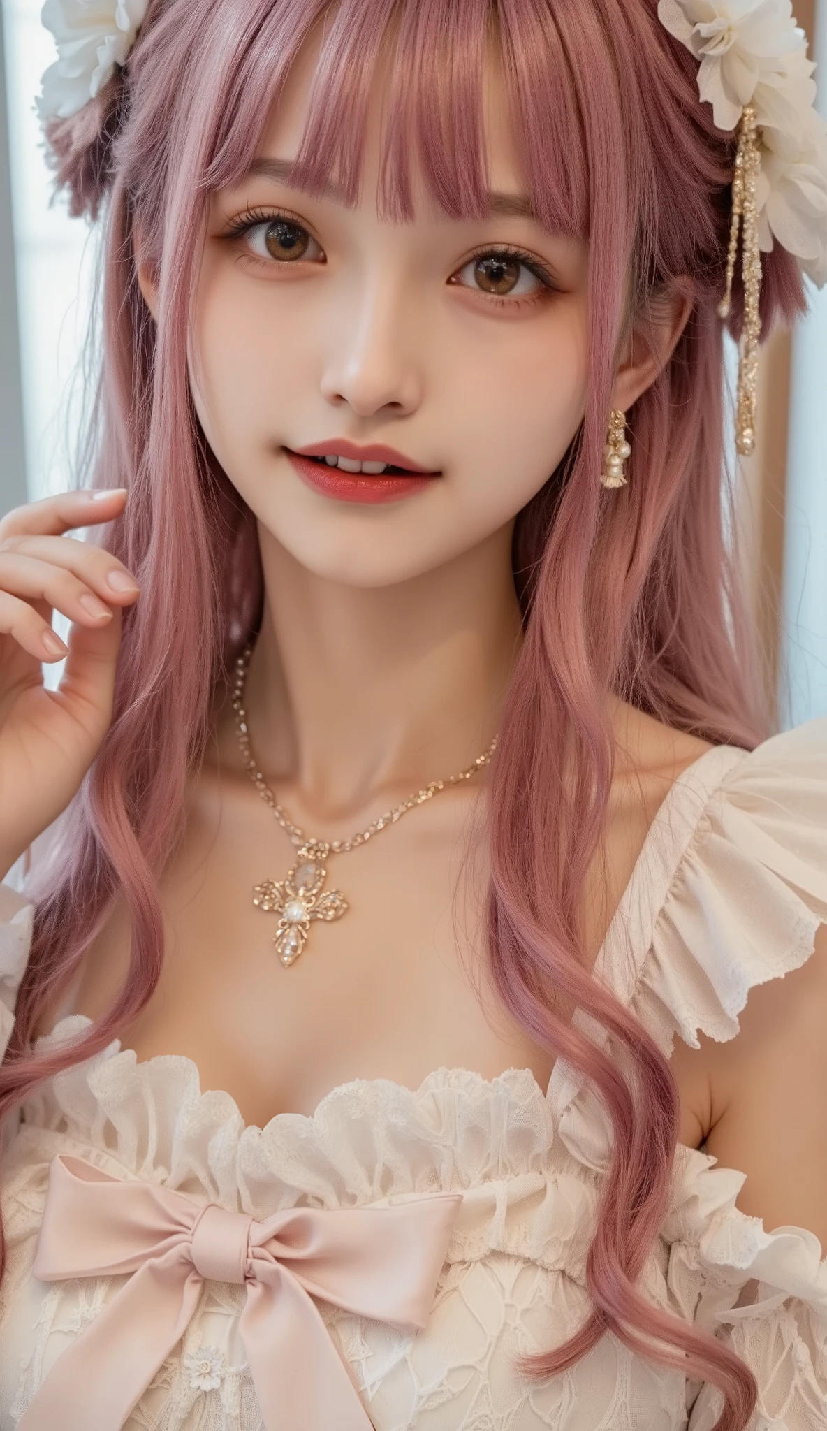 (Sexy 3D Hologram, Brilliant Color), (tech vibe), (detailed hands:1.2, perfect right hand:1.1, Small hands), The sci-fi aesthetic ,soft writing, full body, (Seductive Beautiful Breasts Highlighted:1.2), scene in the palm of a person's hand is real and beautiful,Highlighting a digital face, ( transcendental cute face、Young girl:1.3、idol face、:1.4), beautiful small face, Moisturizing Lips, gal makeup in preparation for pregnancy, sexy smile, (Golden,PINK HAIR,Two Tone Hair), (electrified hair:1.2), medium hair, two side up, dark eyes, (((Naked figure:1.1))), Pretty Girl's Realistic Beautiful Body, Slender Body Line, tight waist, thin thighs, beautiful feet, (perfect anatomy:1.3), Chinese beautiful girl