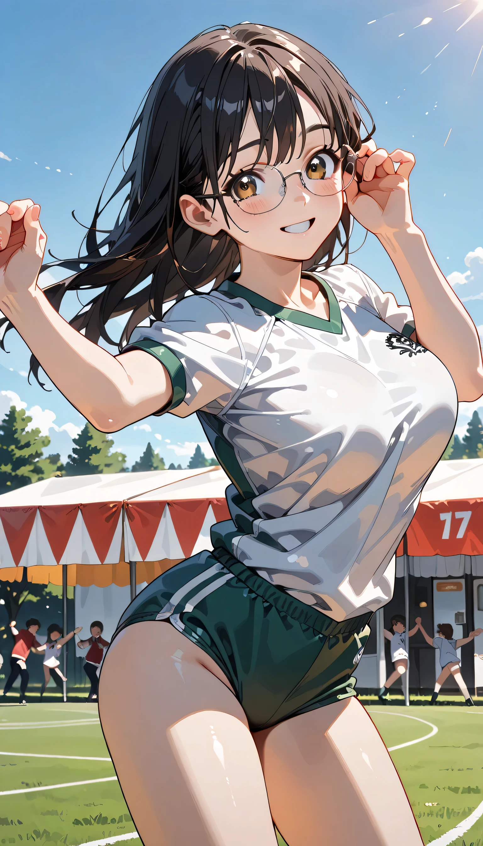 ((ultra-detailed)), (highly detailed CG illustration), (best quality:1.2), ultra-highly detailed, colorful composition, artistic photoshoot, 1girl, solo focus, ((thigh to top:1.4)), ((cowboy shot:1.4)), moe anime character, girl, dainty facial structure, (bab(round face), ((rounded chin:1.2)), ((ideal ratio body proportions)), celia-default, celia claire, (blue eyes), ((wearing glasses)), g-boston19A, glasses, black hair color, long hair, half updo, (hair ribbon with red), ample breasts, ((white gymnastics uniform with green rim)), ((green school gym buruma:1.4)), ((smile)), ((blush:1.4)), ((dancing:1.4)), girls dancing, ((dancing on the lawn sports field into school:1.4)), ((white event tents lined up around the sports field)), ((girls in gymnastics uniforms under white event tents)), ((school Athletic Festival)), sports day flag, ((outdoor:1.4)), ((daytime)), ((beautiful detailed sky:1.4)), from behind, dynamic pose, contrapposto pose, best quality, expecting, pink cheek, blush, light pink gloss slip, portrait, depth of field, ((sparkling sunlight:1.4)), lighting, backlighting, (shine), lighting, caustics, ray tracing, perfect face, lustrous skin, highly detailed face, highly detailed eyes, perfect face, perfect nose, perfect hair, perfect eyes, perfect anatomy, beautiful hair, beautiful small face, extremely detailed face, beautiful detailed eyes, beautiful clavicle, beautiful body, beautiful huge breasts, leavage, breasts squeezed together, equalize the size of the left and right breasts, beautiful thin thighs, beautiful legs, beautiful fingers, ((4 fingers)), 1 thumb, lovely, (very detailed background:1.0), (highly detailed background:1.0), summer aesthetic, intricate details, festival atmosphere, summer colors palette, chromatic aberration
