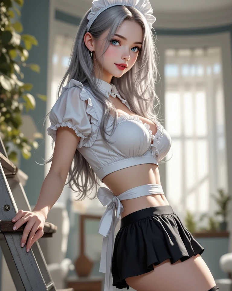 long silver hair,Erotic clothes that show your stomach,apartment room,big breasts,The cleavage is fully visible,Mini skirt that shows underwear