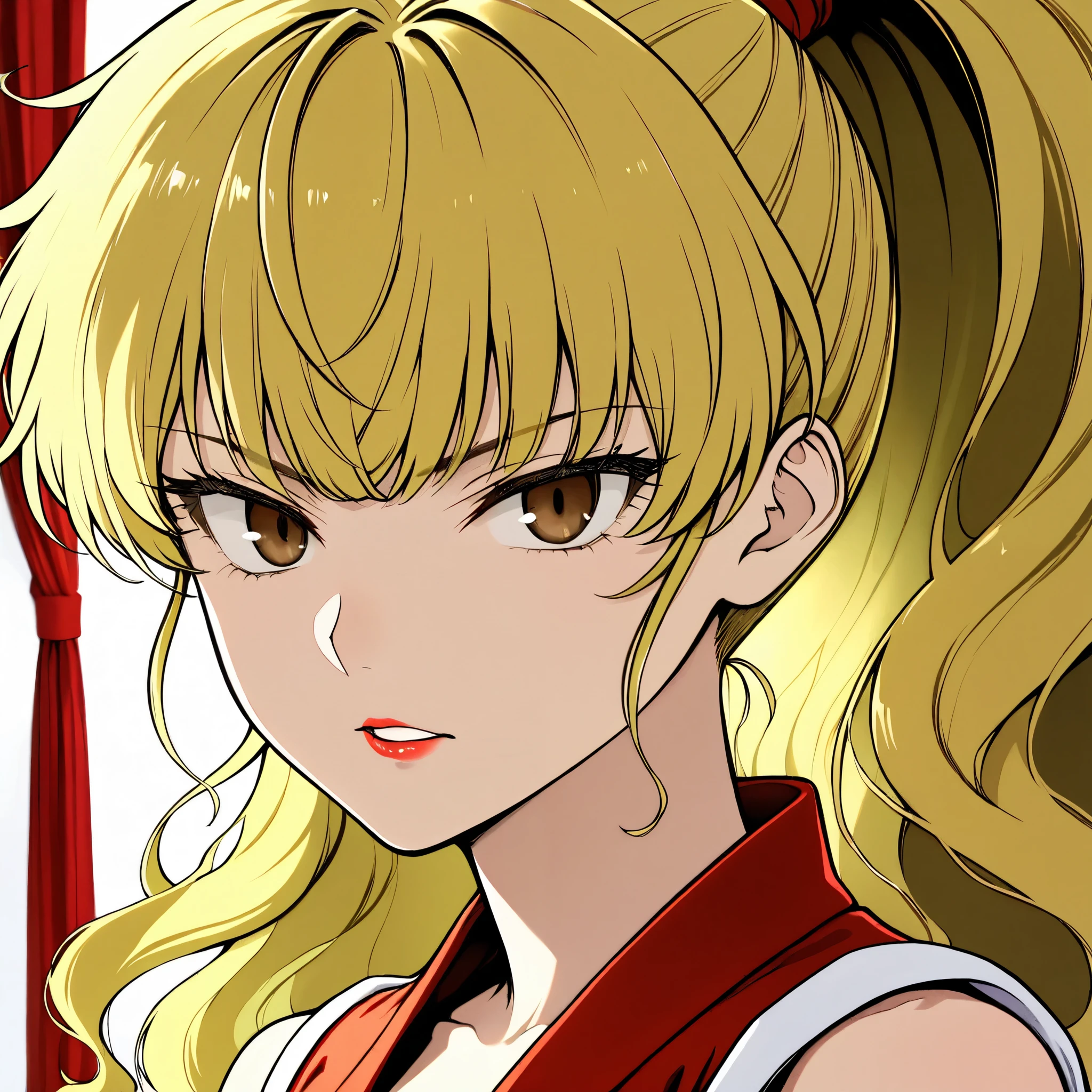 portrait,((middle part with curtain bangs)),wavy hair from side,.parted curtain bangs. tsurime, maki genryusai. facing viewer 、feathered light bangs、 1girl, genryuusai maki, high ponytail, blonde hair, brown eyes, red scrunchies ,Long hair ,center-flap bangs、parted curtain bangs、
、sharp eyes,Heroine,lipgloss,,.Red Shinobi Outfit,female ninja、eyelashes . Bare shoulders.Bare neck.