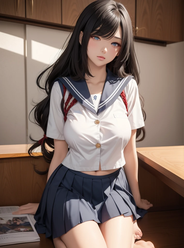 Anime Waifu beautiful detailed eyes, beautiful detailed lips, extremely detailed eyes and face, longeyelashes, 1girl, sensual, young woman, medium breasts, beautiful feminine face, nice thighs, slim, sexy, erotic, beautiful clothes, perfect body, cinematic lighting and framing, (best quality,4k,8k,highres,masterpiece:1.2),ultra-detailed,digital painting,portrait,glamorous,highly detailed,soft lighting,warm color tones  (((Upper Body、Shooting from below))、(((Accentuate your breasts、Shiny underwear、、Uniform Sailor Suit、mini skirt)))、Highest quality, 8k, masterpiece :1.3)), whole body, Sharp focus :One Girl,Glowing Skin,SSexy pose,Highest quality,Tabletop,shape,Very delicate and beautiful,Hmph,8k wallpaper,wonderful,In detail,Official Art,Very detailedなティッカーUnity 8k wallpaper,Incredibly ridiculous,Large file size,Very detailedな,High resolution,Very detailed,Beautiful detailed girl,Realistic,X-ray,The queue is full,(((Uniform Sailor Suit、mini skirt)))、(((Big Breasts、Black Hair、Uniform Sailor Suit、chool、classroom)))、Stand upright、Cleavage , ((Long black hair、))、Uniform Sailor Suit、exy pose、Hairstyle: Ponytail、both hands