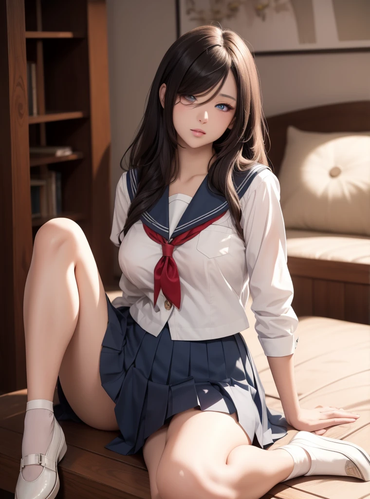 Dressed, (Photoreal: 1.4), (Hyperrealistic: 1.4), (Realistic: 1.3), (Smooth Lighting: 1.05), (Improved Cinematic Lighting: 0.9), 32K, 1 Girl, 20 Year Old Girl, Realistic Lighting, Backlit, Face Lights, Ray Tracking, (Bright Light: 1.2), (Quality Improvement: 1.4), ( Realistic textured skin of the highest quality: 1.4), fine detailed eyes, detailed face, fine quality eyes, brown eyes, (tired, sleepy and satisfied: 0.0), with a thin braided hairstyle from the temporal part to the sides, tied with a white ribbon, (blouse with a white collar), (blue ribbon tie on the collar), (enhances the atmosphere of the body line: 1.1), (enhances the beauty of the skin texture: 1.1), on the bed, Dark blue long skirt, white silk ankle-length socks, high quality, masterpiece, highly detailed, high resolution, 4K, ultra high definition, detailed shadows, ultra-realistic, realistic, dramatic lighting, 1girl, solo, detailed face, realistic eyes, realistic skin, dynamic hair, dynamic pose, dynamic angle, white flower dress, white background, ulzzang-6500-v1.1, (raw photo:1.2), (photorealistic:1.4), beautiful detailed girl, very detailed eyes and face, beautiful detailed eyes, ridiculous, incredibly ridiculous, huge file size, super detailed, high resolution, very detailed, best quality, (Bright indoor), (soft light), (low contrast), (shallow depth of field), (portrait of a beautiful woman illuminated by gentle light), (extremely delicate and elegant depiction), (short length bangs), (hair color is a dark chestnut shade with a slight brown tone), (hair with a subtle and gentle wave), (small braids intricately woven on the side of long hair), (adorned with a thin ribbon), (white blouse with small frills), (bow tie), (blue long skirt), (white short ankle socks), illustration, very detailed, CG, unified, 8k wallpaper, amazing, fine detail, best quality, Very detailed CG unified 8k wallpaper, face light, movie lighting, 1girl, , ((no panties)), ((dynamic pose))), (camel toe), (half