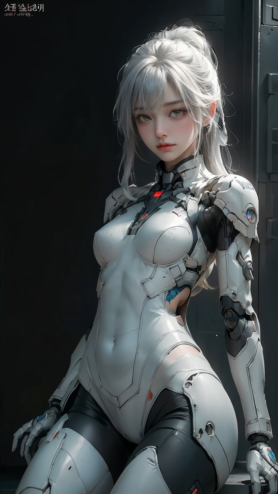 Extremely cute human eighteen year old girl face, human torso, human huge boobs, human abdomen, human hips, robotic arms, mechanical legs, arms and legs with hard white shiny shell and black joints, very beautiful and feminine, short, petite, small, small, busty buttocks, medium bust, cleavage display, flat belly display, partial helmet with antenna on the ear, black robot joints, very stylish, award-winning product design, black rubber tights, The shiny white metal breastplate opens at the cleavage and abdomen, the white metal buttocks are wrinkled, and the armor has stylish, glowing trims