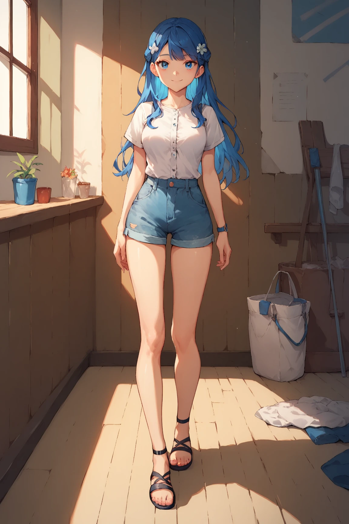 1boy,androgynous,aqua eyes,blue eyes,low ponytail,shirt,short ponytail,short shorts,shorts,trap,white shirt,wide hips